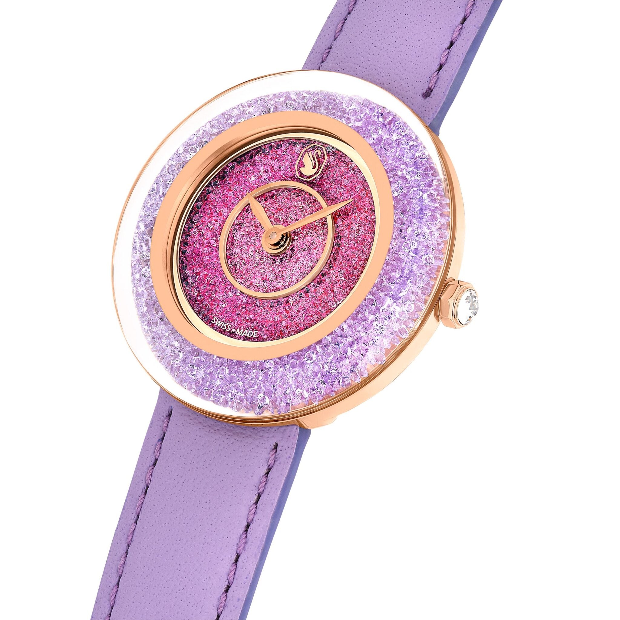 Swarovski Crystalline Lustre Swiss-made watch with purple leather strap and rose gold-tone finish, elegant and luxurious accessory.