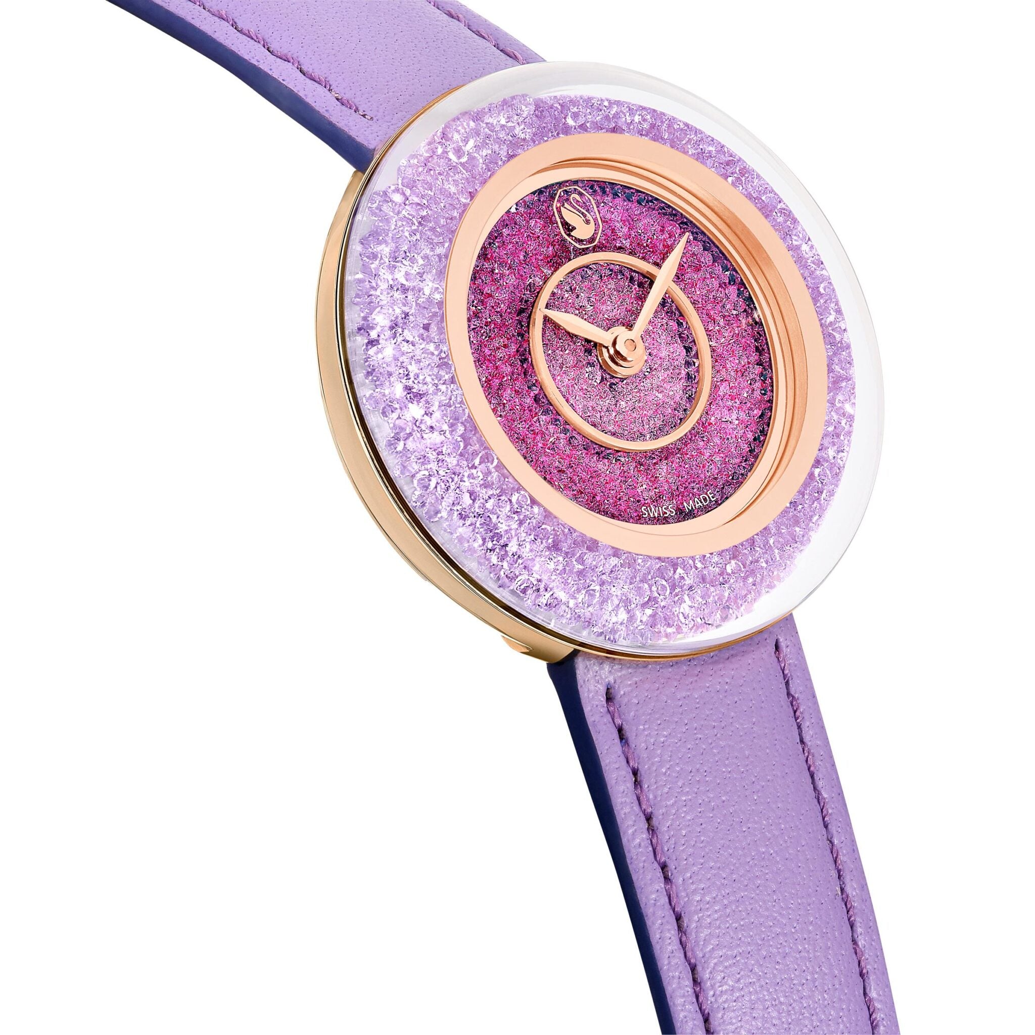 Swarovski Crystalline Lustre Swiss-made watch with purple leather strap and rose gold-tone finish, elegant and luxurious.