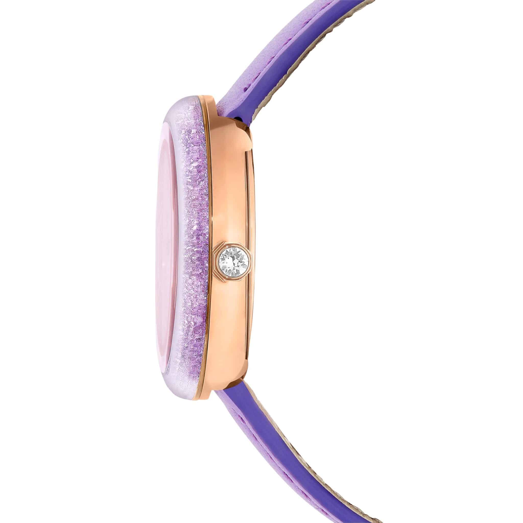 Swarovski Crystalline Lustre Swiss Made watch with purple leather strap and rose gold-tone finish, showcasing a luxurious timepiece.