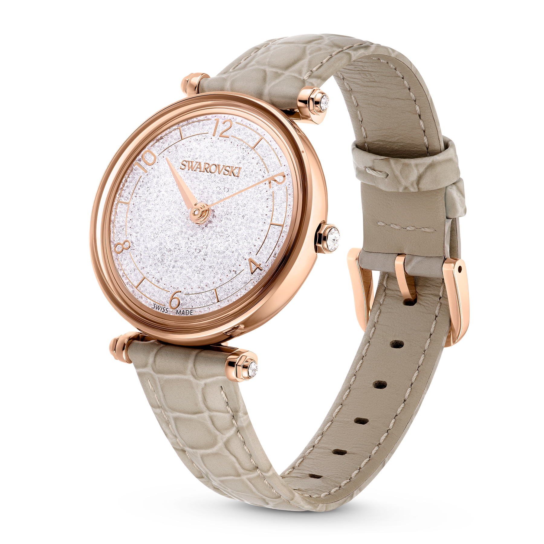 Swarovski Crystalline Wonder Swiss Made watch with beige leather strap and rose gold-tone finish, showcasing elegant timepiece details.