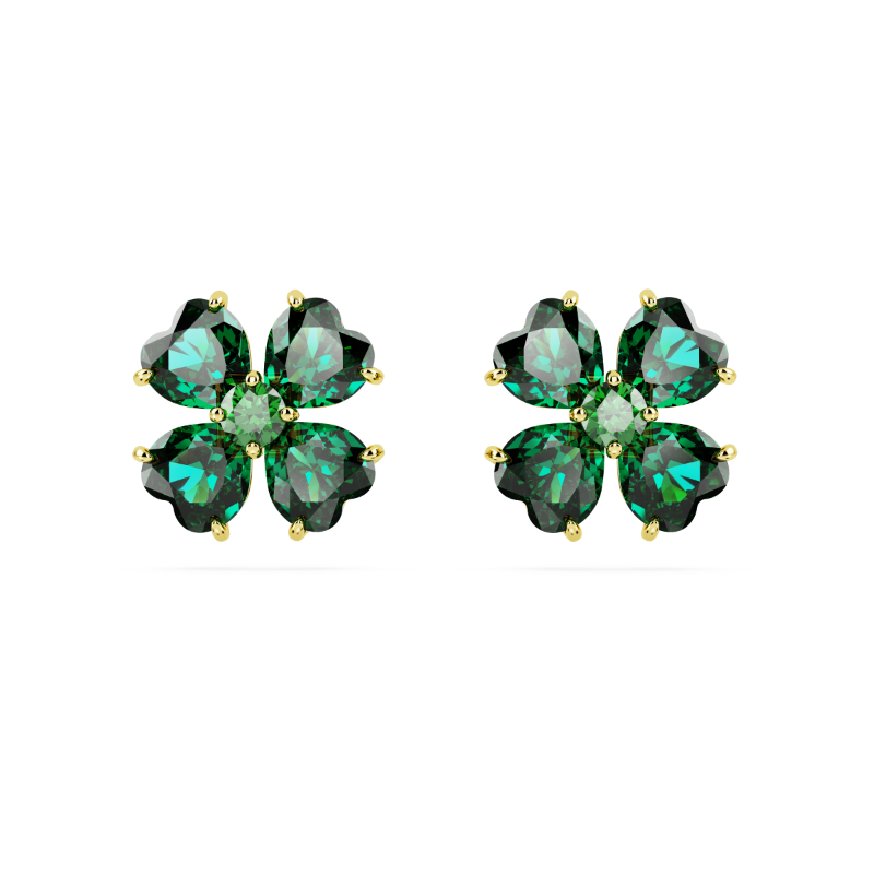 Swarovski Idyllia Pierced Earrings with green and gold-toned clover-shaped studs and sparkling crystal accents.