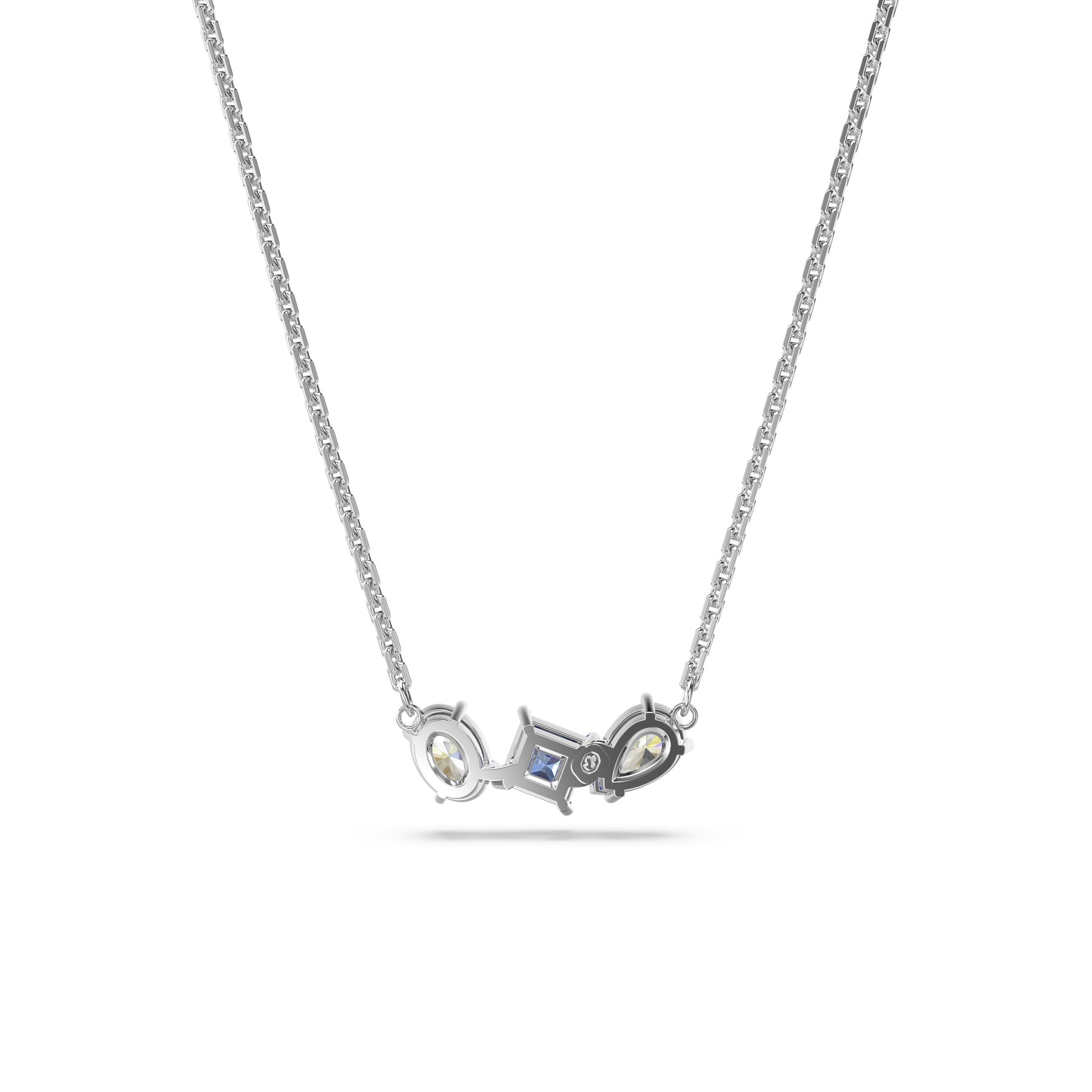Swarovski Mesmera Pendant with mixed cut blue crystals in rhodium-plated setting, showcasing intricate design and sparkling details.