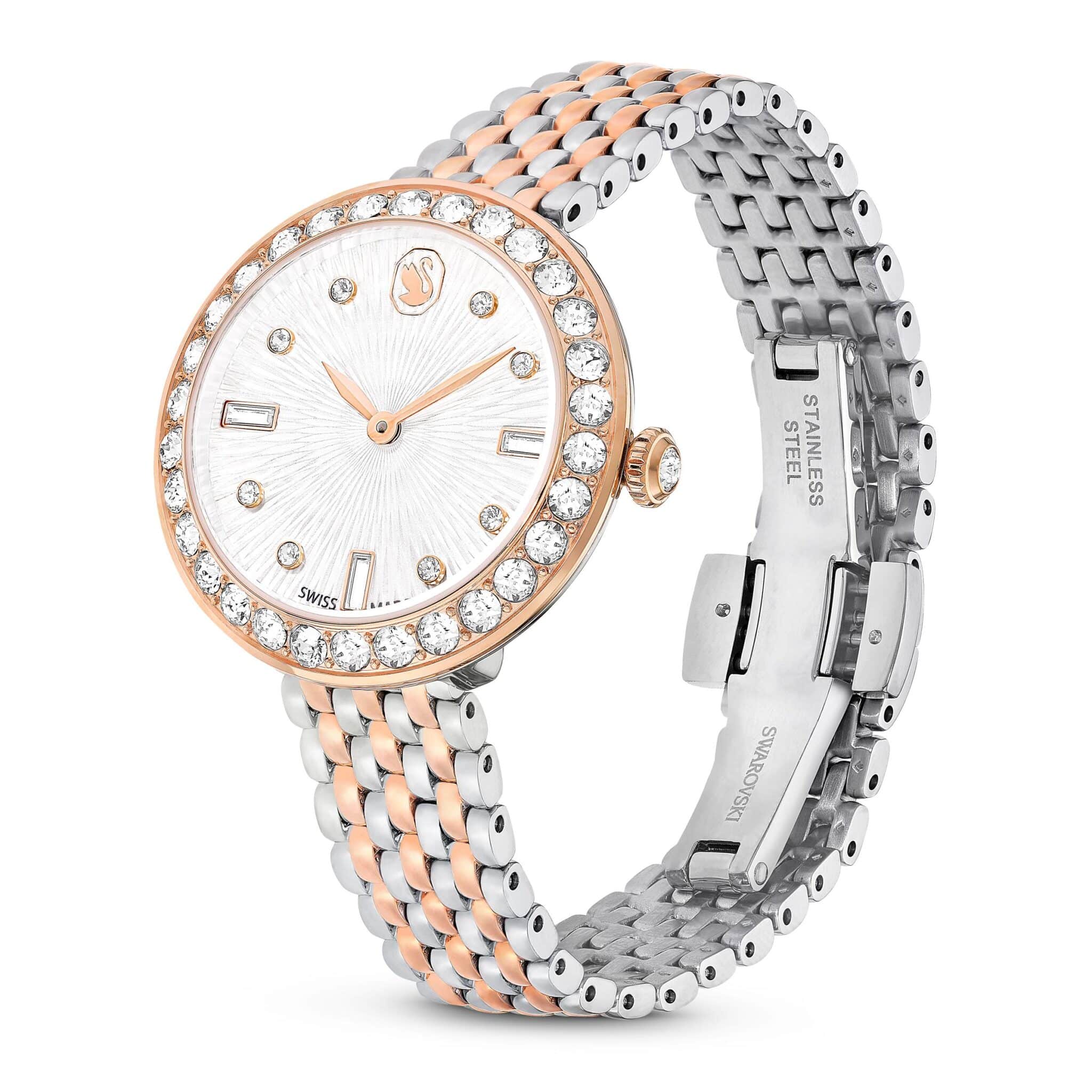 Swarovski Matrix Tennis 7-link watch with rose gold tone metal bracelet and mixed metal finish, Swiss Made timepiece.