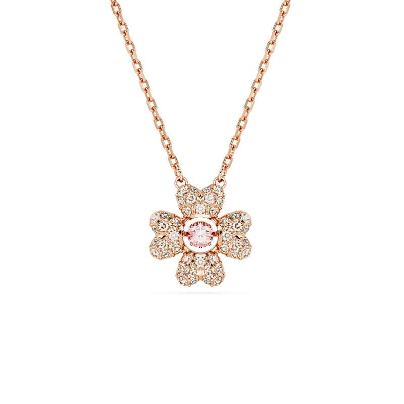 Swarovski Idyllia Clover Pendant in white with rose gold-tone plating, featuring a sparkling crystal design on a delicate chain