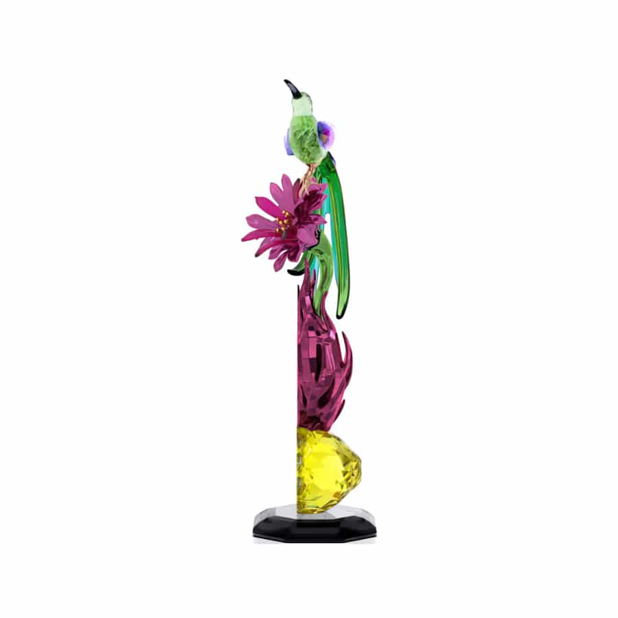 Swarovski Idyllia Sugarbird and Dragon Fruit Totem decorative figurine with sparkling crystal details.