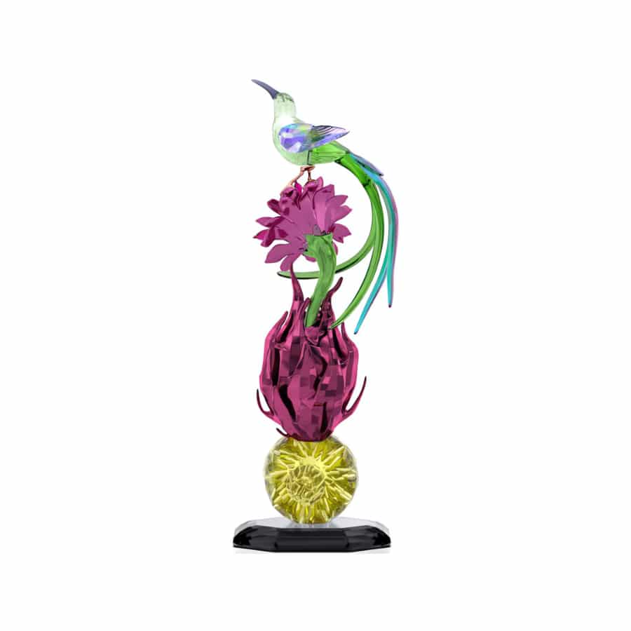 Swarovski Idyllia Sugarbird and Dragon Fruit Totem figurine with intricate crystal details and vibrant colors.