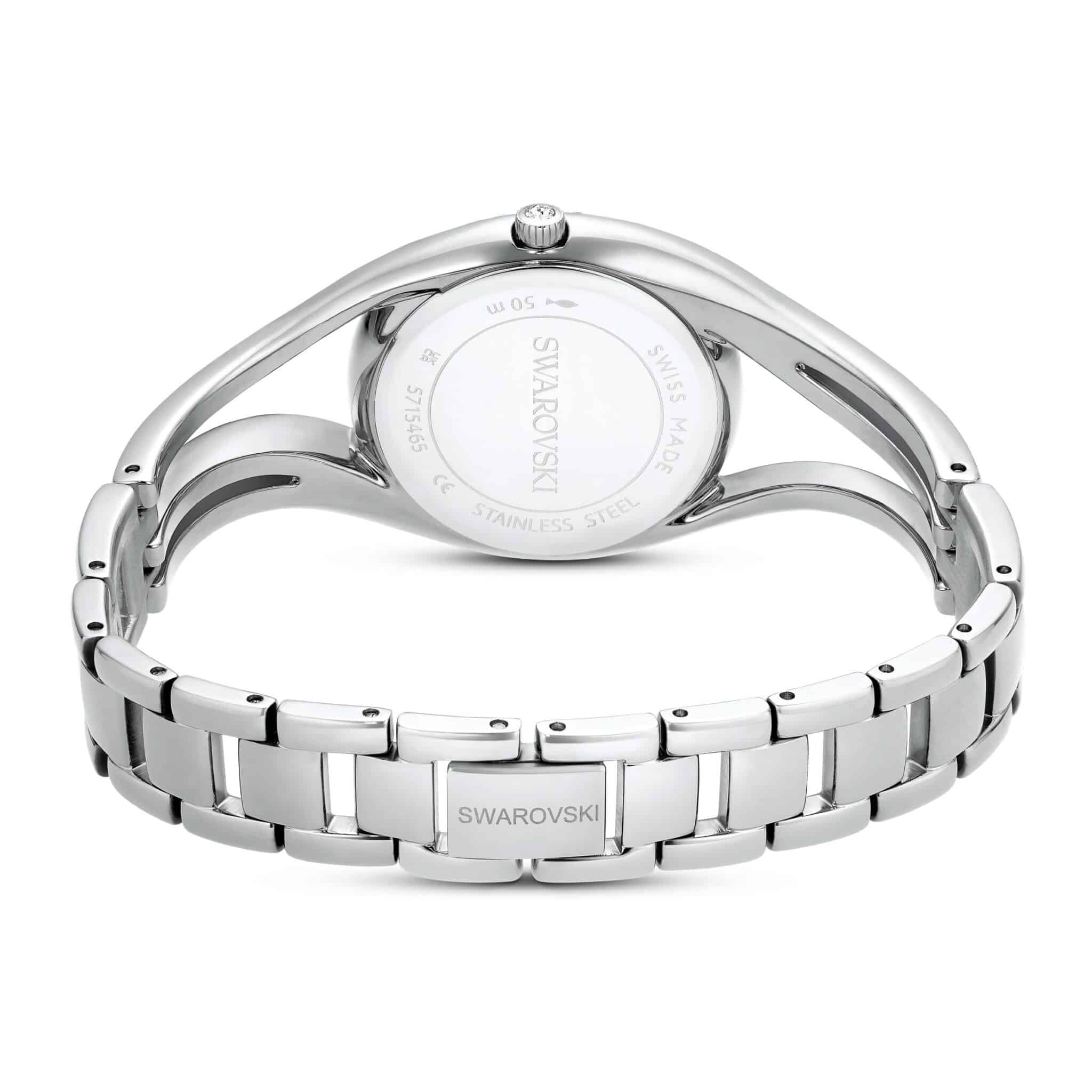 Swarovski Hyperbola Bangle Watch with silver-tone stainless steel case and bracelet, Swiss Made, elegant and modern design