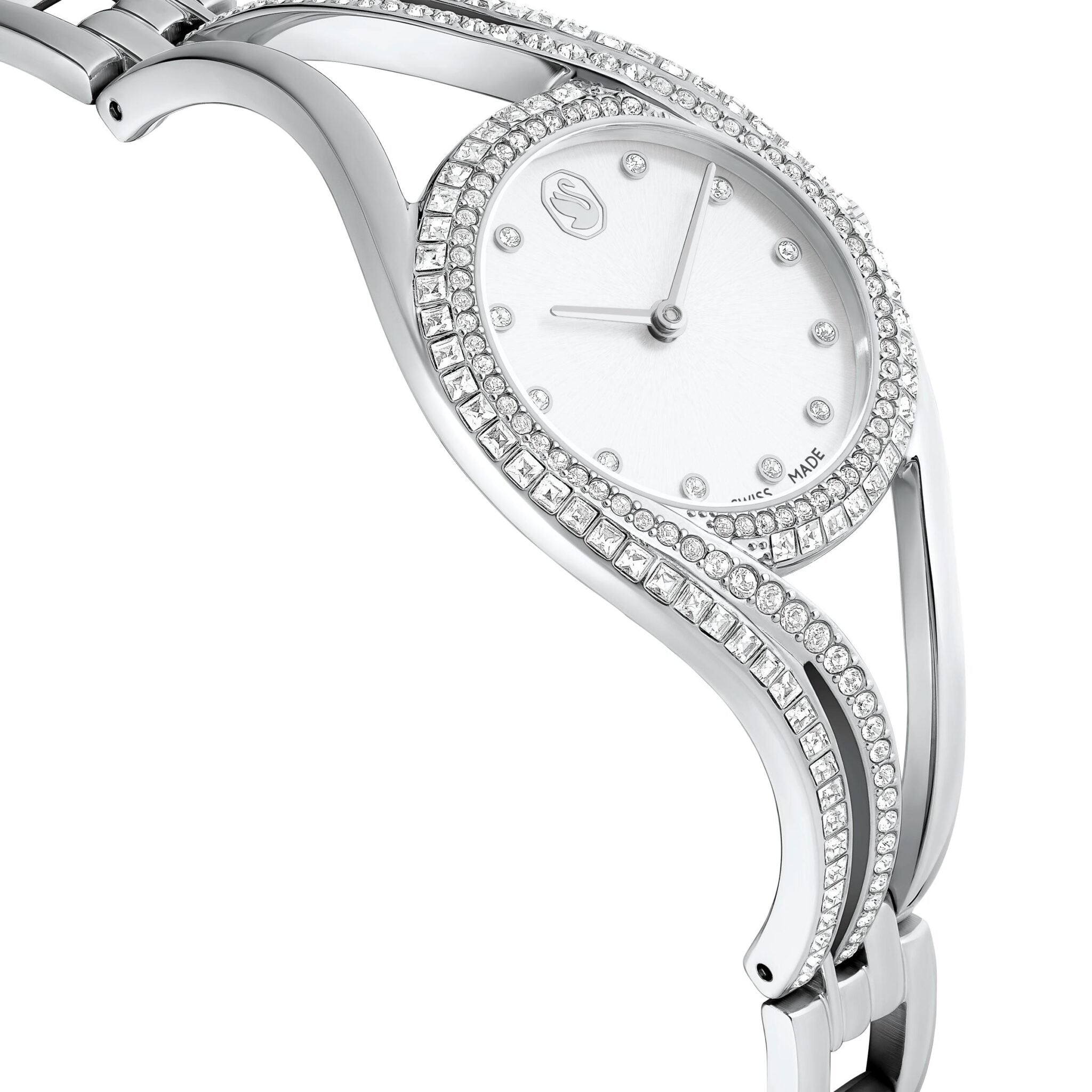 Swarovski Hyperbola bangle watch with silver-tone stainless steel case and band, Swiss Made, elegant and modern jewelry timepiece