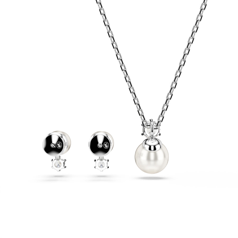 Swarovski Matrix jewelry set featuring white crystal pearls, round-cut stones, and rhodium-plated finish.