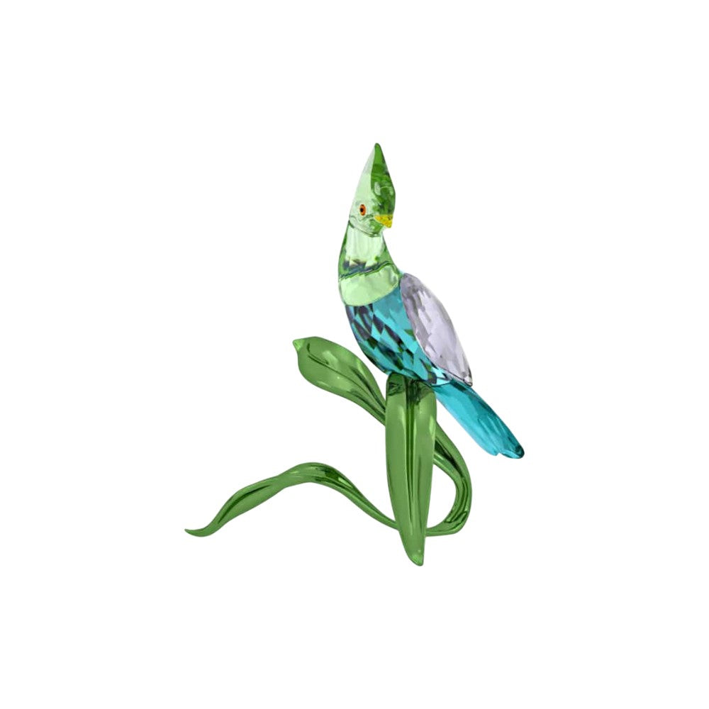 Swarovski Idyllia Green Turaco crystal figurine with vibrant green feathers and detailed craftsmanship.
