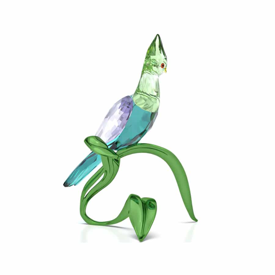 Swarovski Idyllia Green Turaco figurine with detailed green and blue glass feathers and intricate design.
