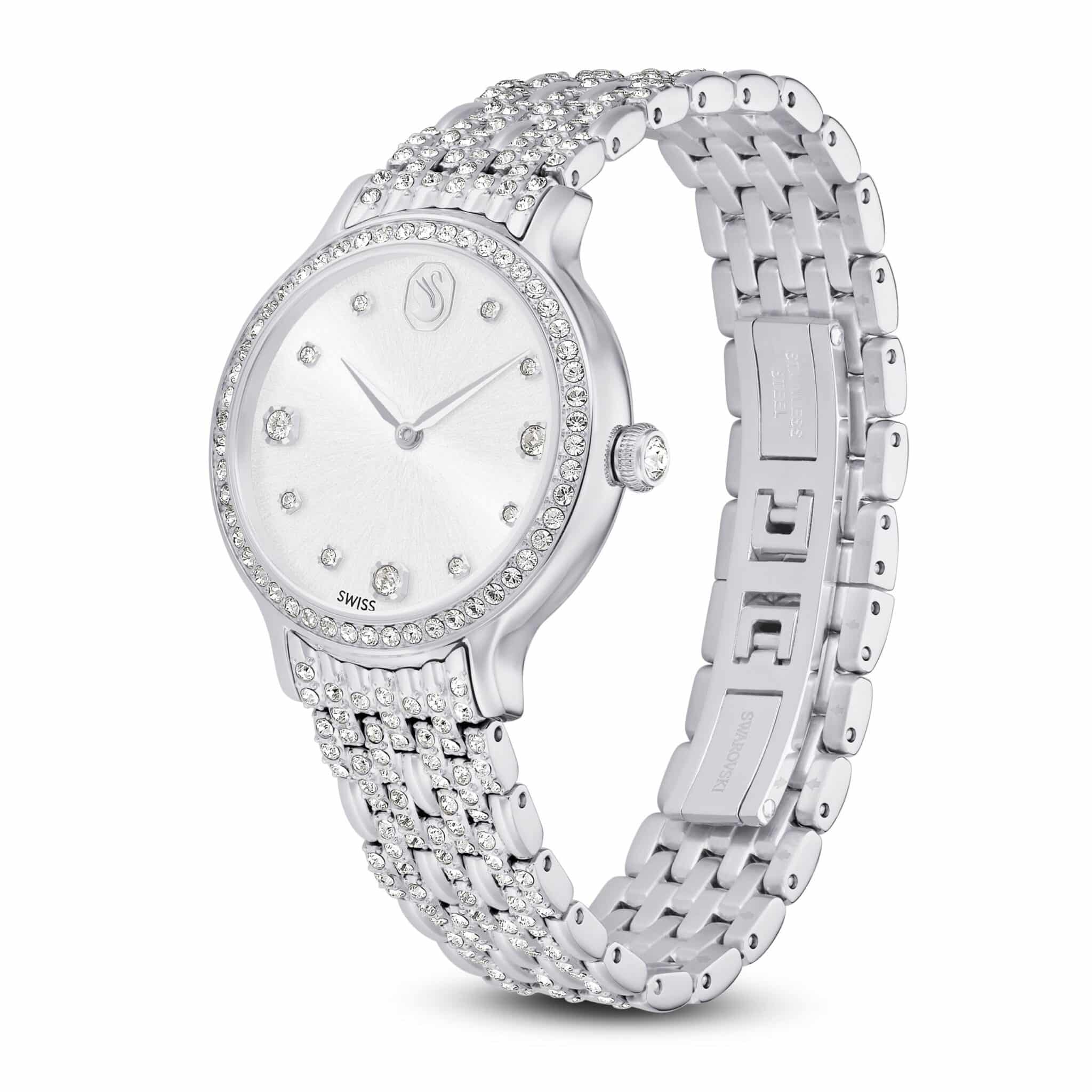 Swarovski Imber Swiss Made watch with silver tone stainless steel metal bracelet and sleek round dial.