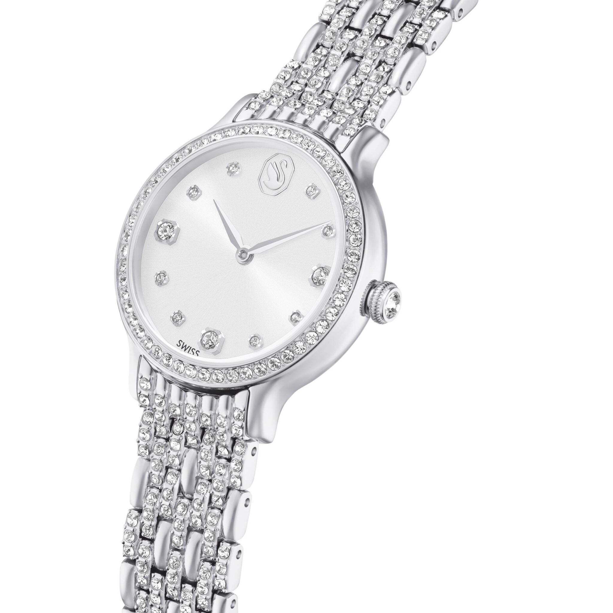 Swarovski Imber Swiss Made watch with silver-tone stainless steel metal bracelet and round dial.