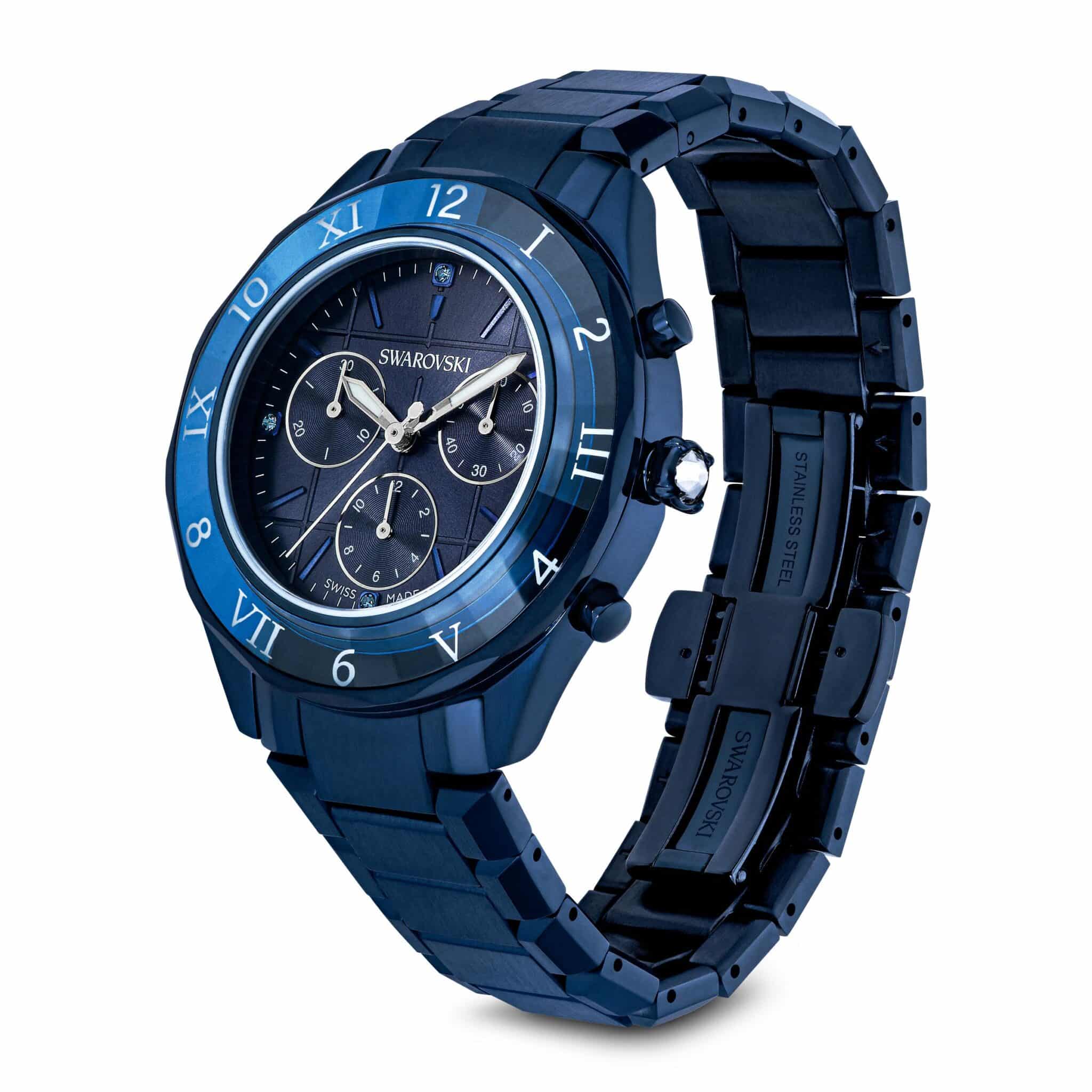 Swarovski Dextera Chrono Watch with 39mm blue dial, Swiss Made, metal bracelet, and blue finish.