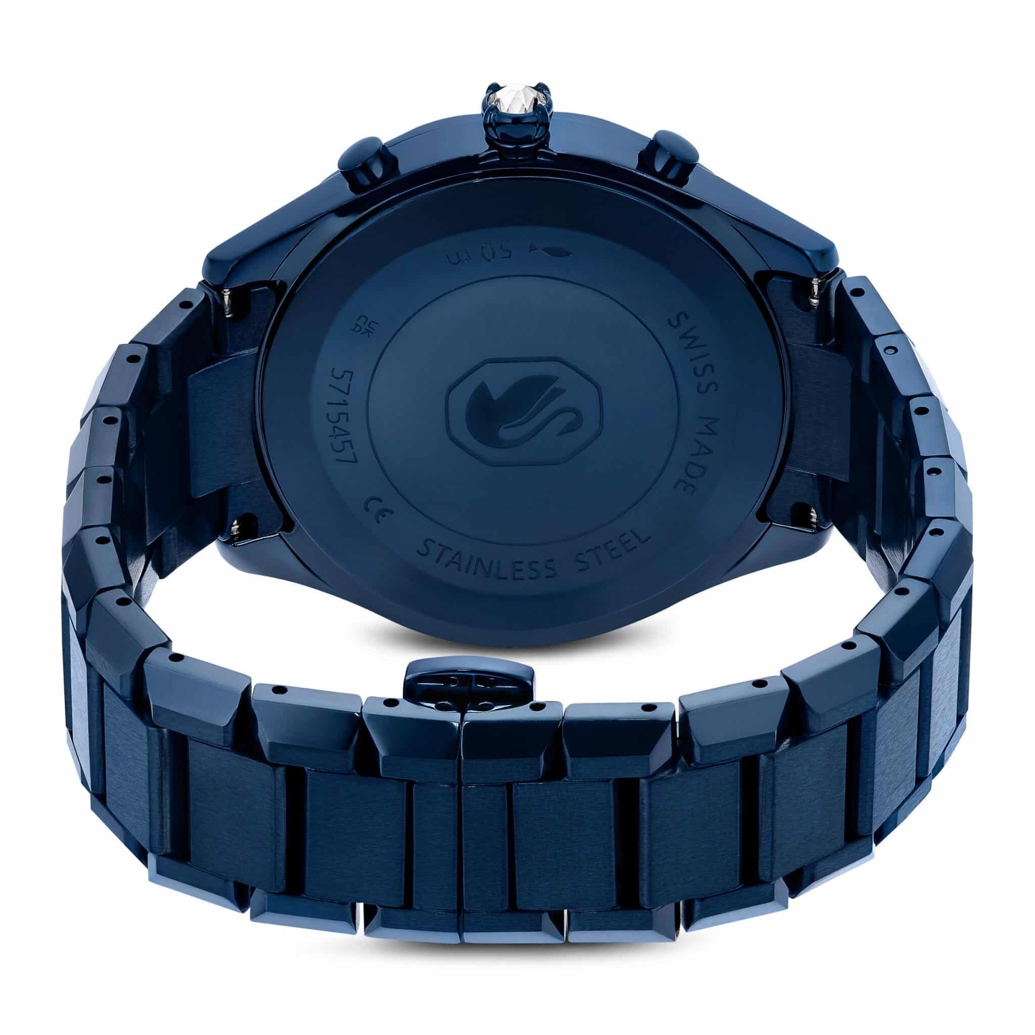 Swarovski Dextera Chrono Watch with 39mm blue dial, Swiss Made, metal bracelet, and blue finish displayed on a wrist.