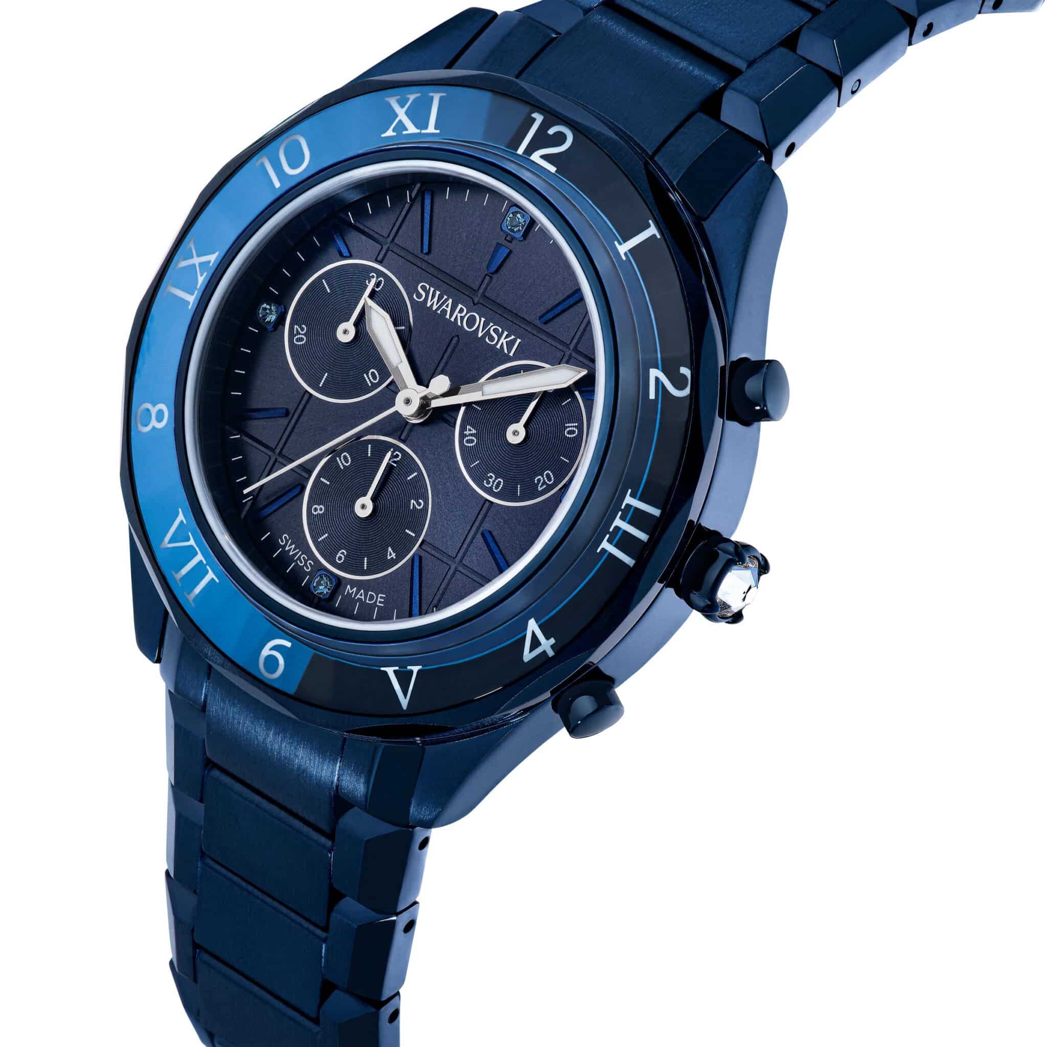 Swarovski Dextera Chrono Watch with 39mm blue dial, Swiss Made, metal bracelet, and blue finish.
