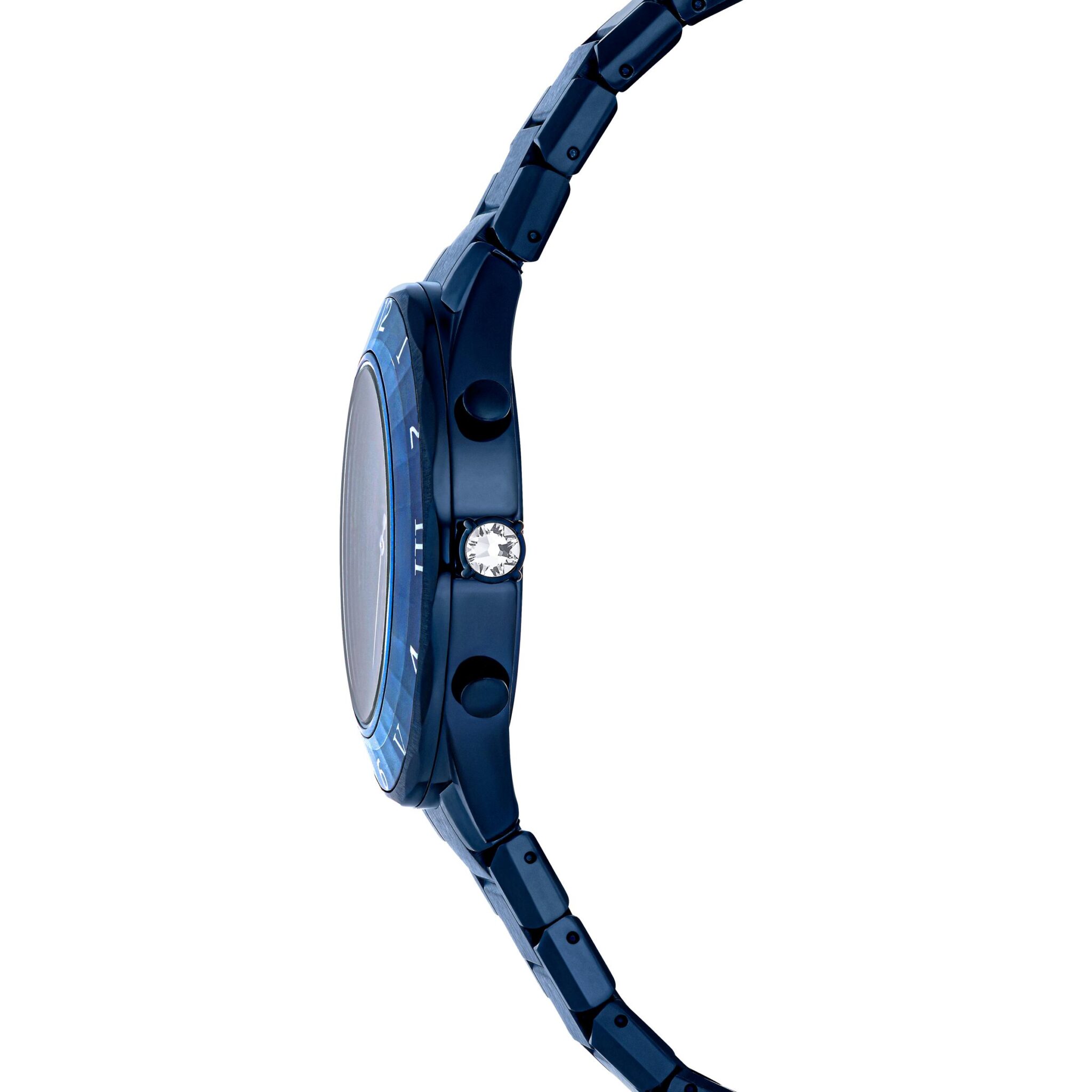 Swarovski Dextera Chrono watch with 39mm blue dial, Swiss Made, metal bracelet, and blue finish.