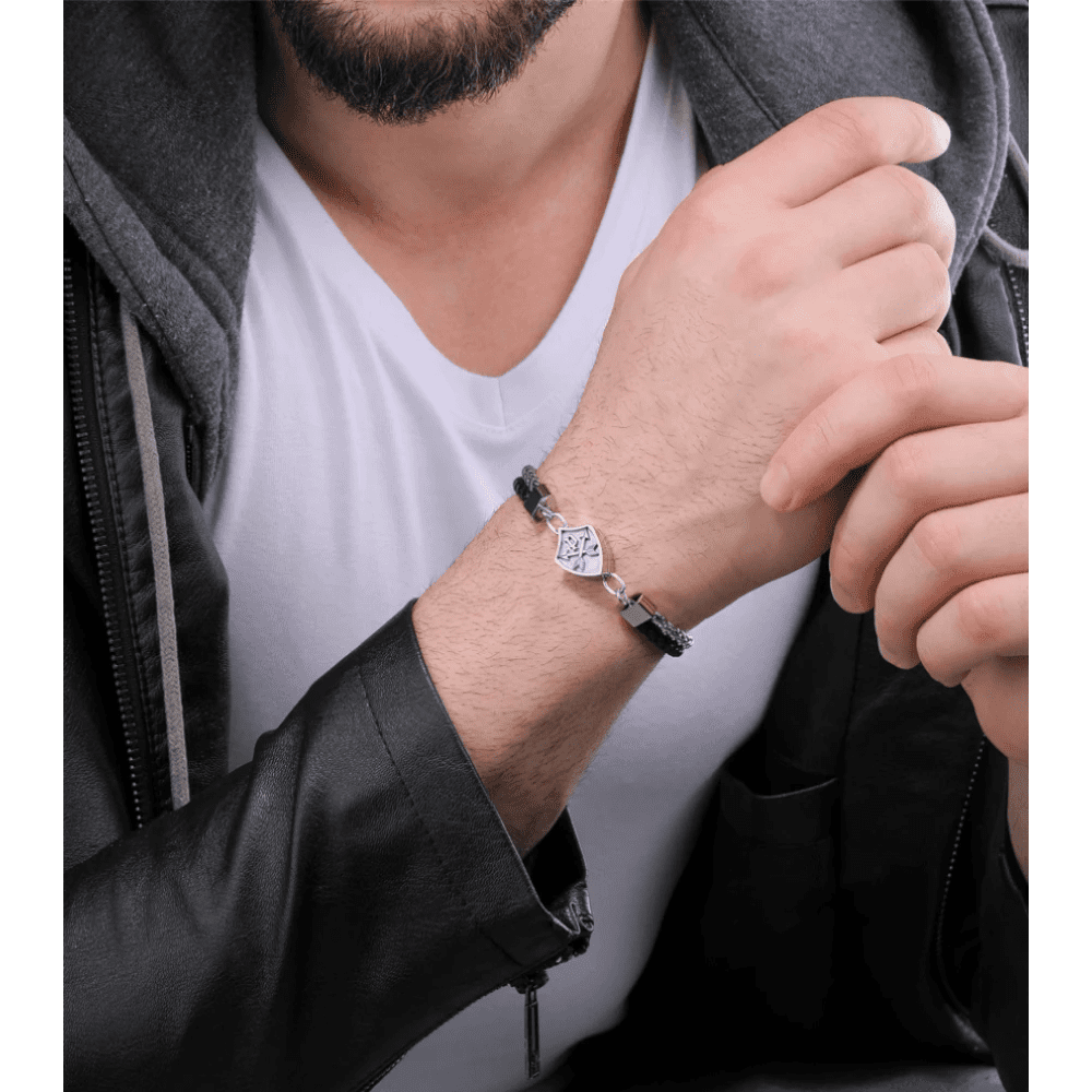 Police Bracelet Heritage Crest Shiny Chain & Black Leather -Police
