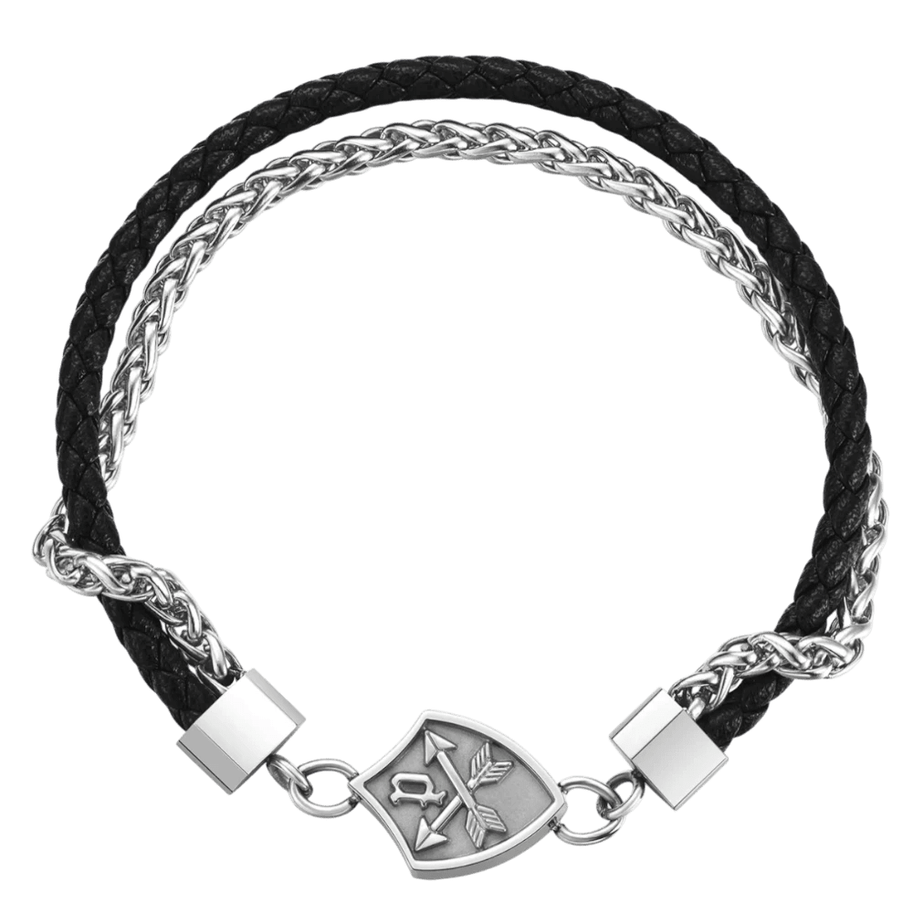 Police Bracelet Heritage Crest Shiny Chain & Black Leather -Police