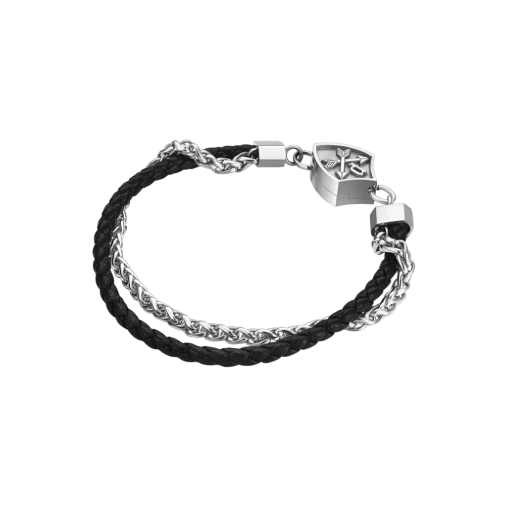 Police Bracelet Heritage Crest Shiny Chain & Black Leather -Police