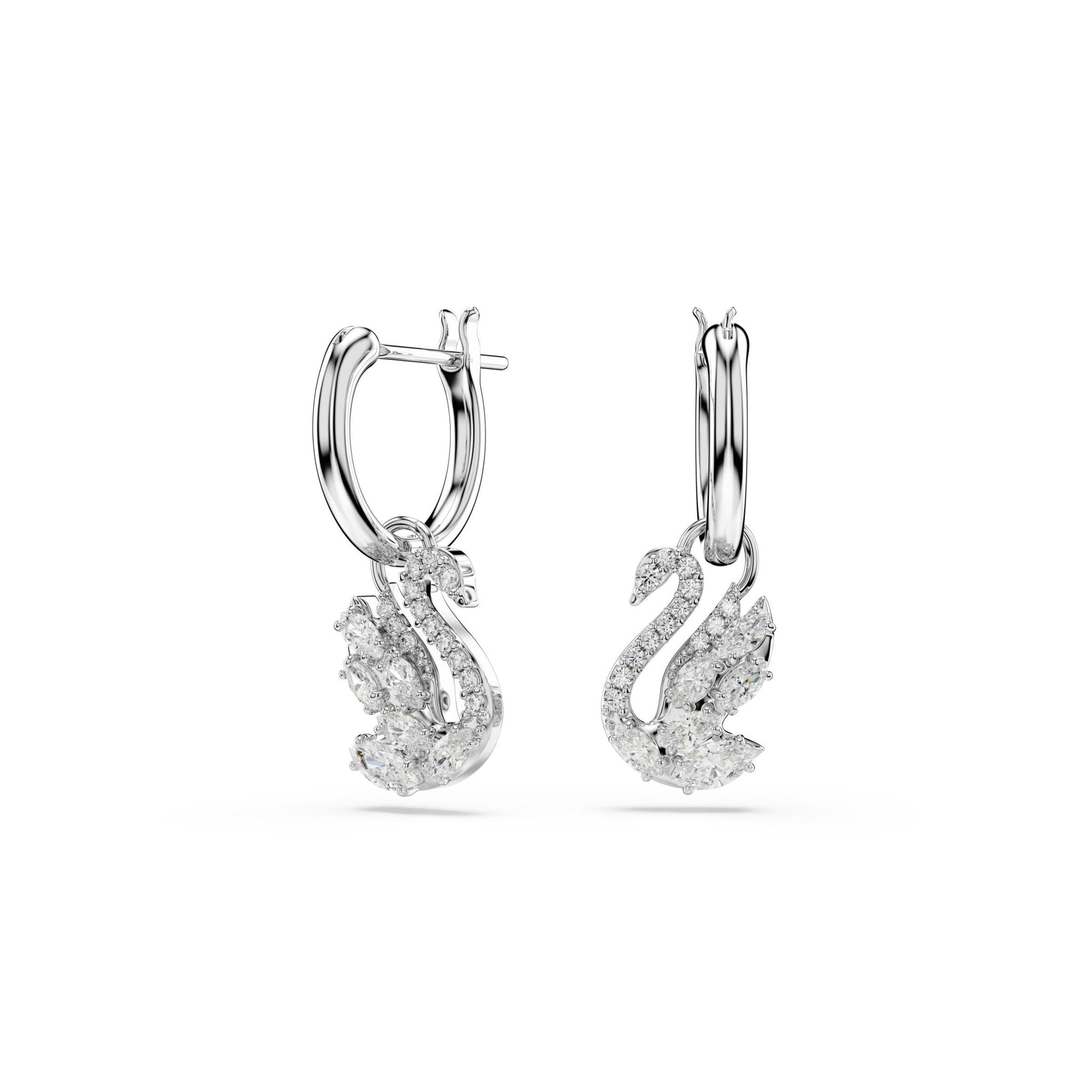 Swan drop earrings, Mixed cuts, Swan, White, Rhodium plated -Swarovski