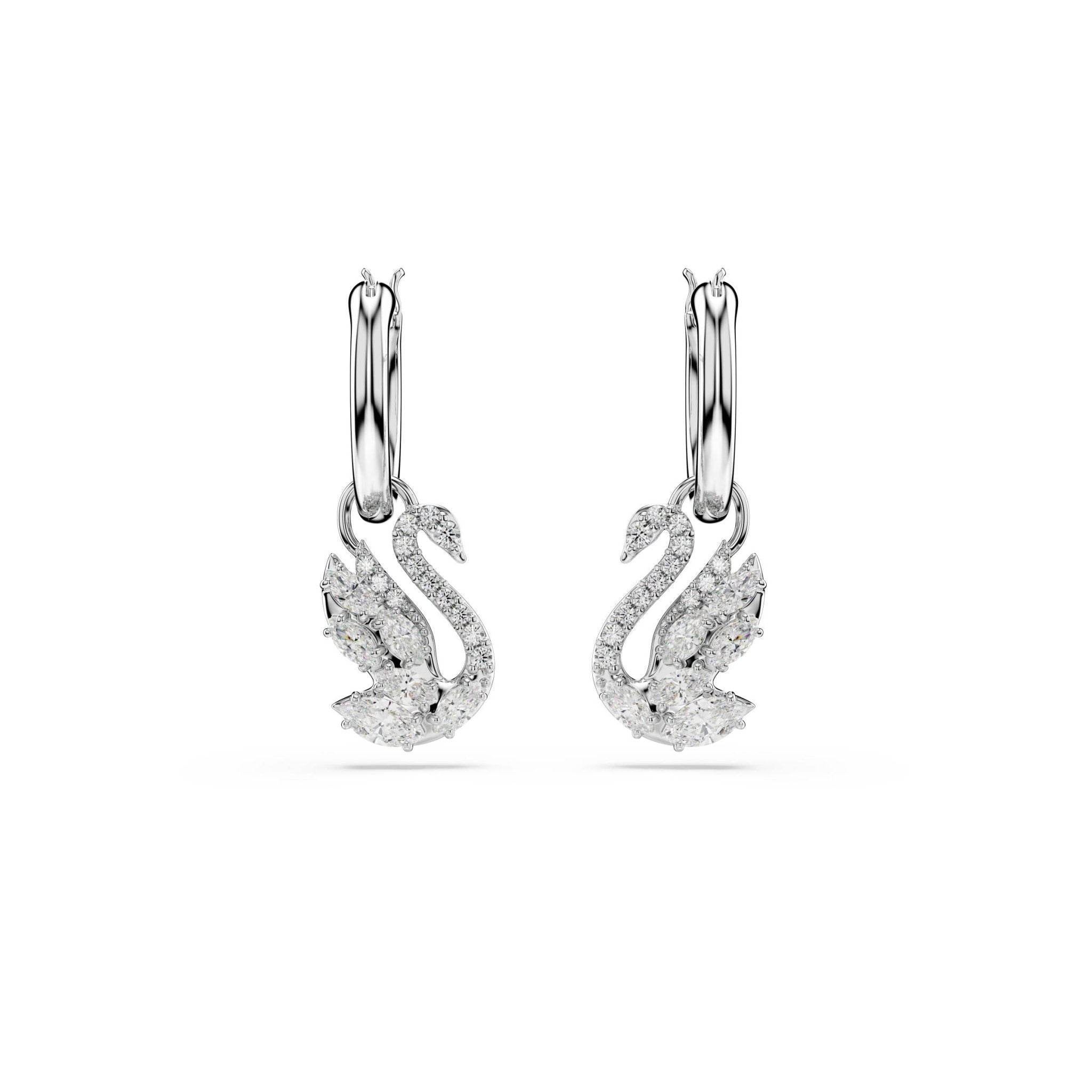 Swan drop earrings, Mixed cuts, Swan, White, Rhodium plated -Swarovski