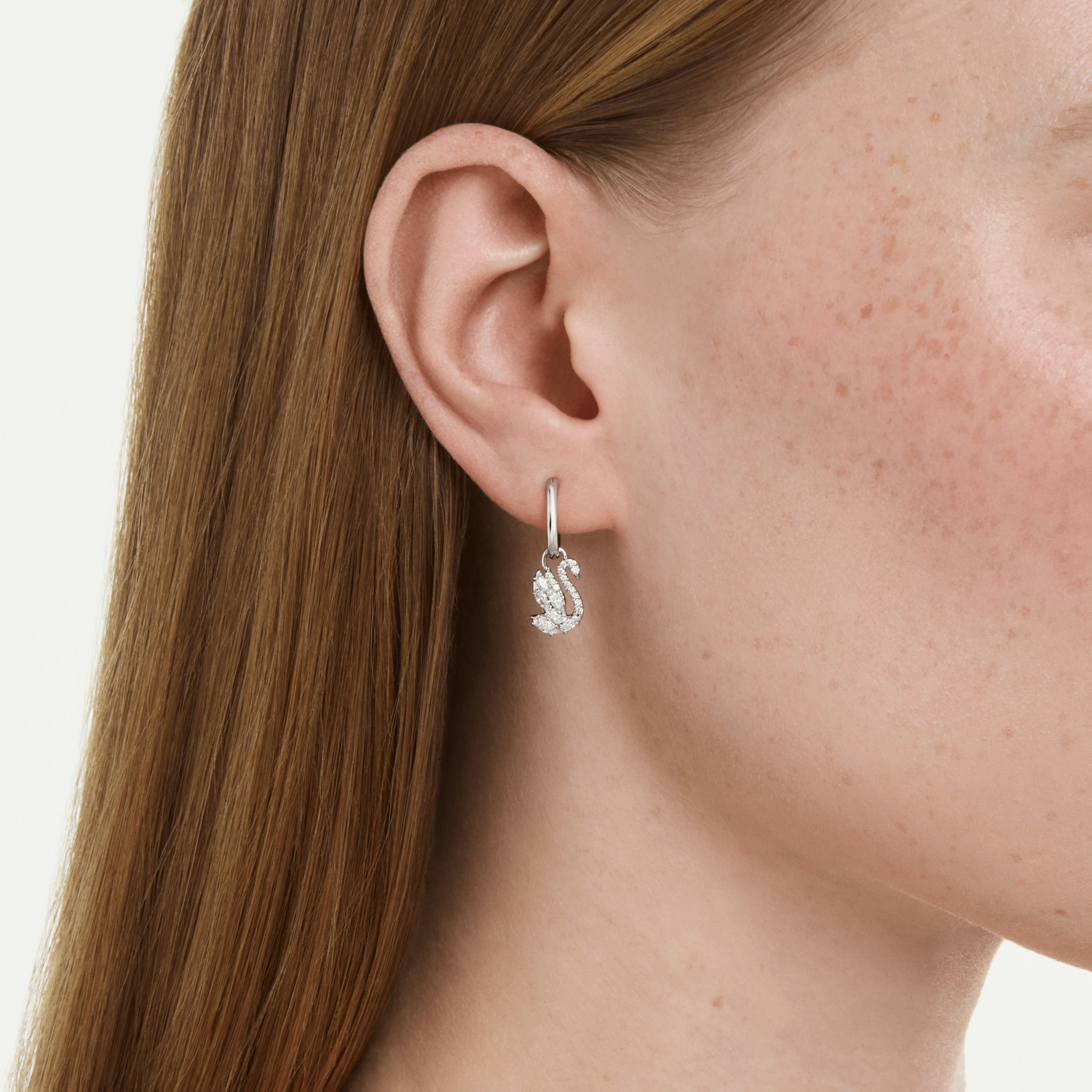 Swan drop earrings, Mixed cuts, Swan, White, Rhodium plated -Swarovski