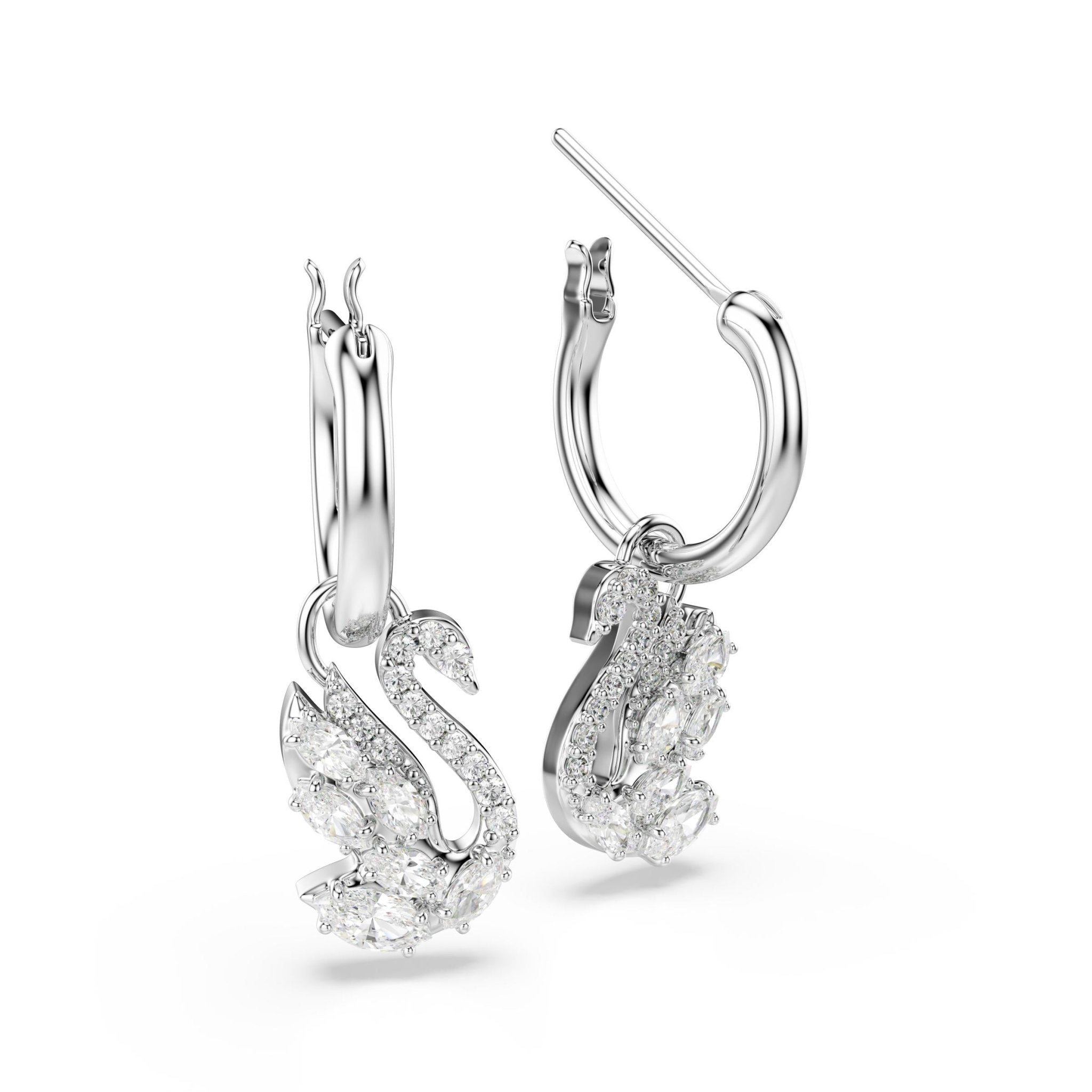 Swan drop earrings, Mixed cuts, Swan, White, Rhodium plated -Swarovski