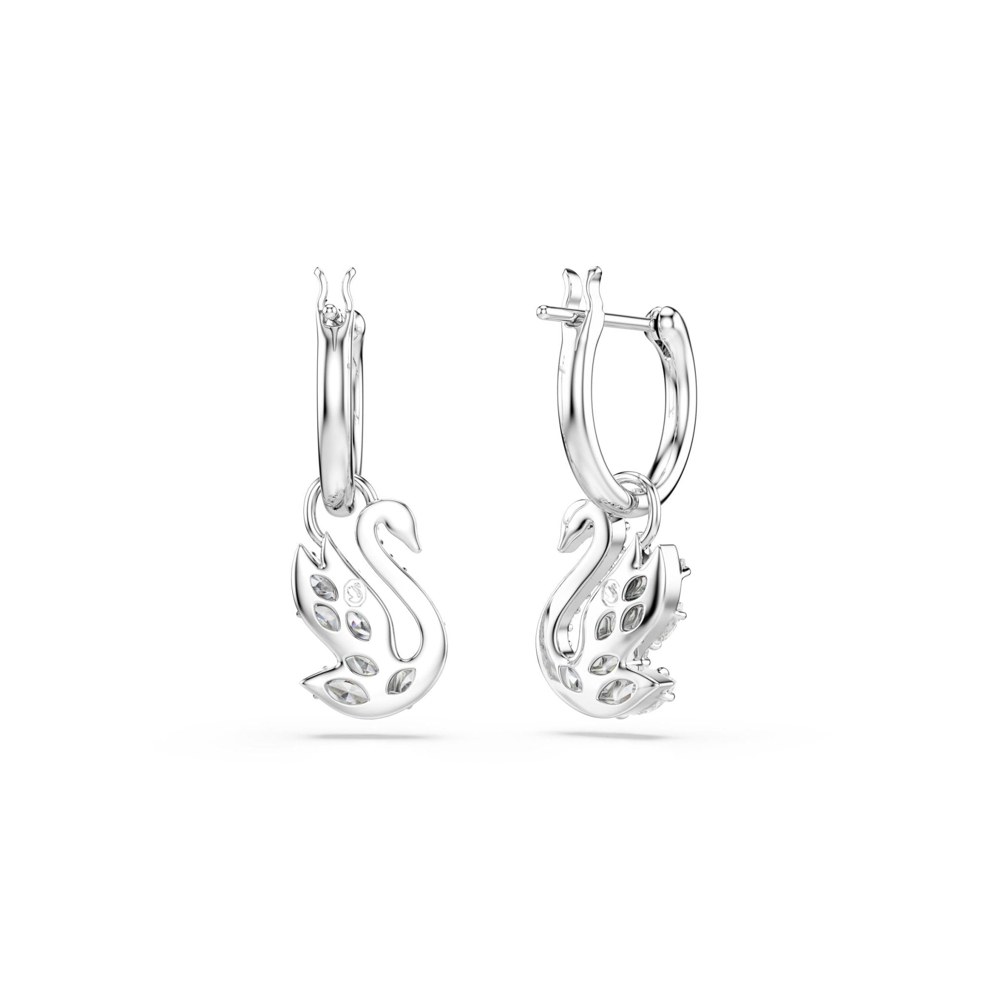 Swan drop earrings, Mixed cuts, Swan, White, Rhodium plated -Swarovski