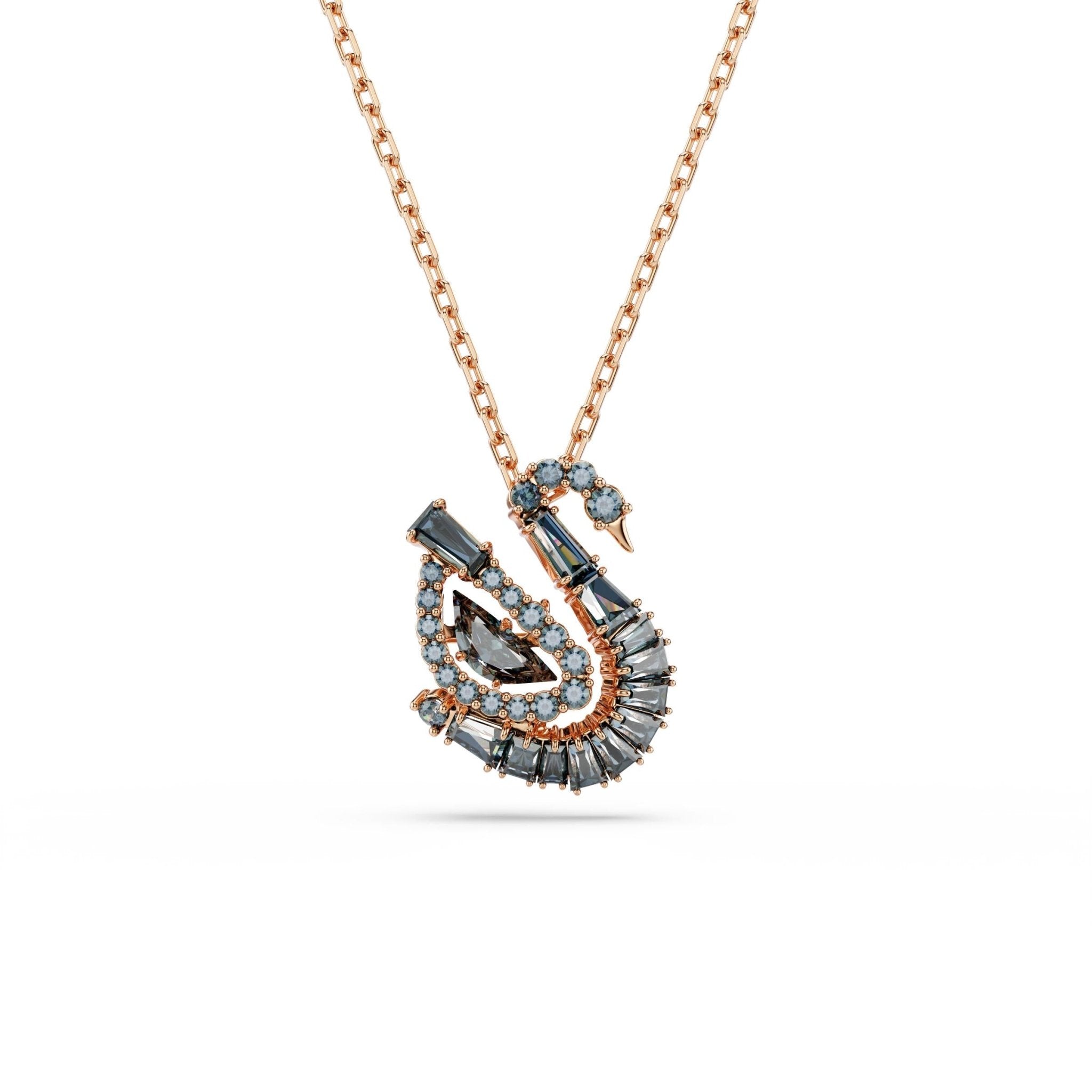 Swan pendant, Mixed cuts, Swan, Black, 18K rose gold finish -Swarovski