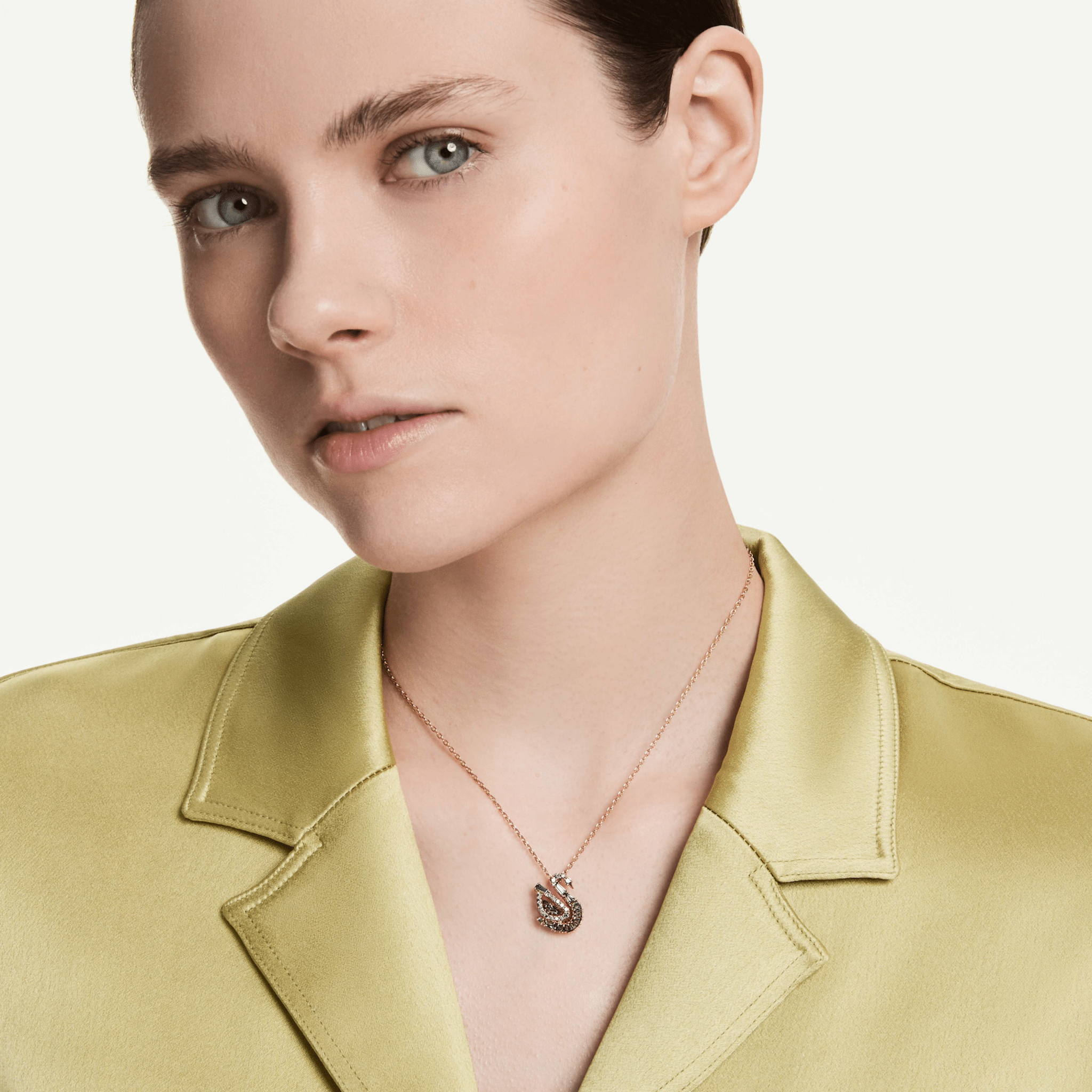 Swan pendant, Mixed cuts, Swan, Black, 18K rose gold finish -Swarovski