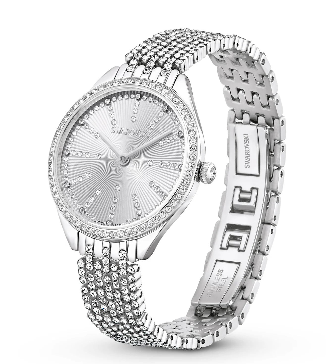 Swarovski Attract watch, Swiss Made, Full pavé, Crystal bracelet, Silver tone -Swarovski