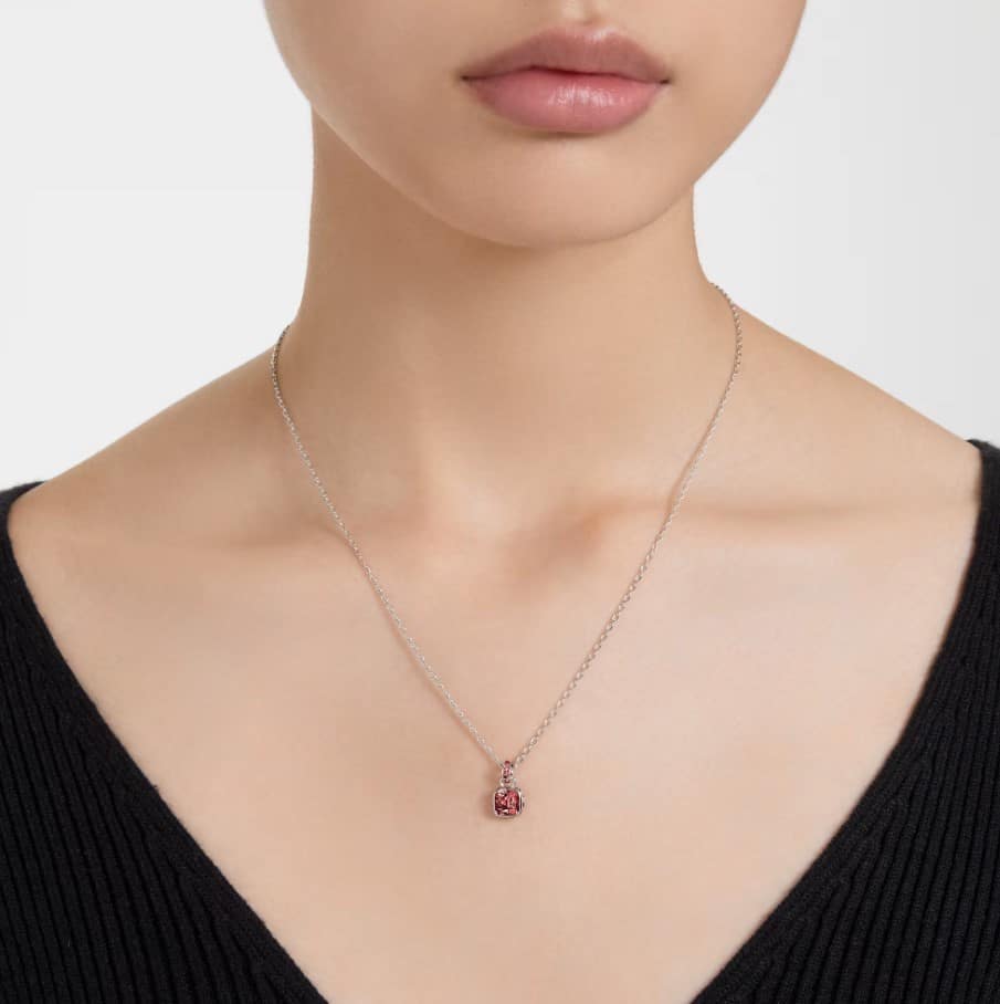 Swarovski Birthstone Pendant, Square cut, January, Red, Rhodium Plated -Swarovski