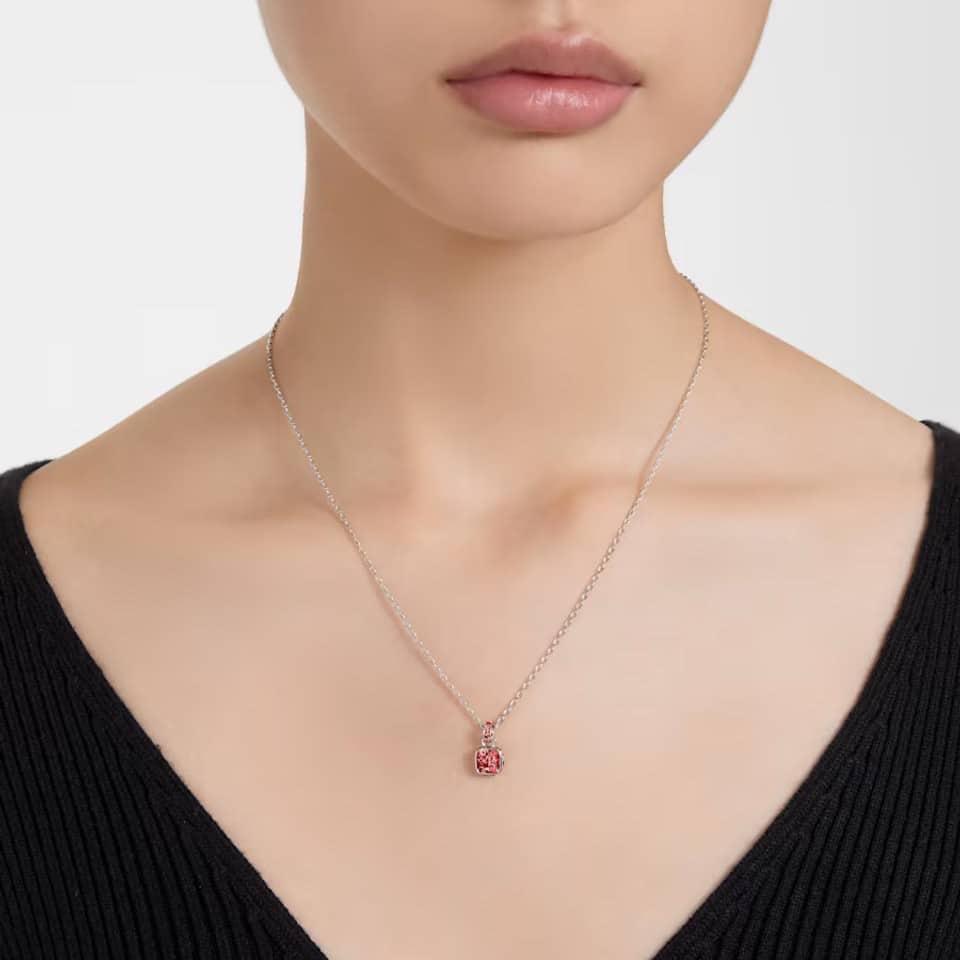 Swarovski Birthstone Pendant, Square Cut, July, Red, Rhodium plated -Swarovski