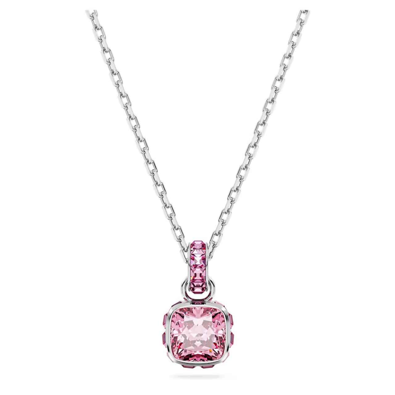 Swarovski Birthstone Pendant, Square Cut, October, Pink, Rhodium Plated -Swarovski