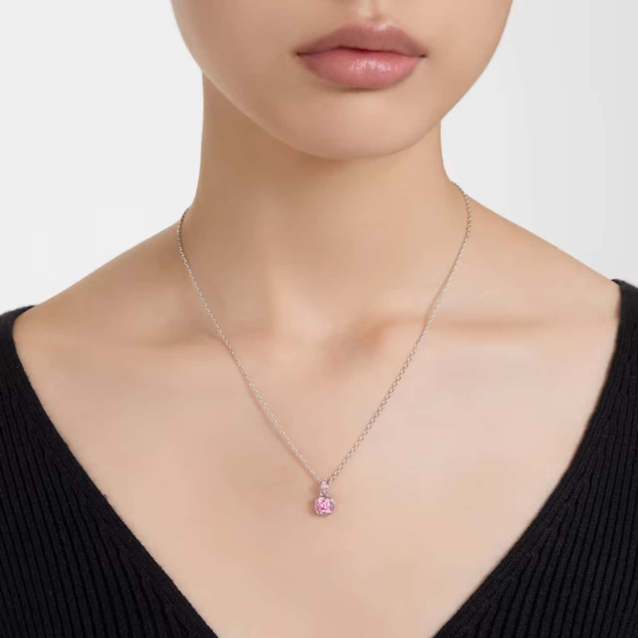 Swarovski Birthstone Pendant, Square Cut, October, Pink, Rhodium Plated -Swarovski