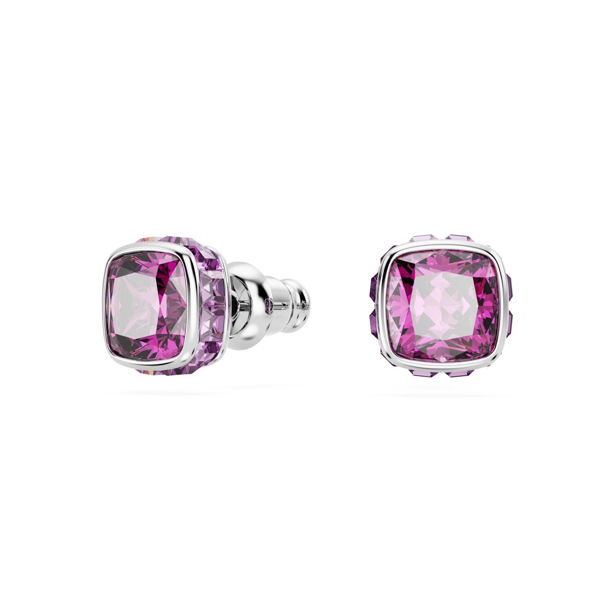 Swarovski Birthstone Stud Earrings, Square Cut, February, Purple ,Rhodium Plated -Swarovski