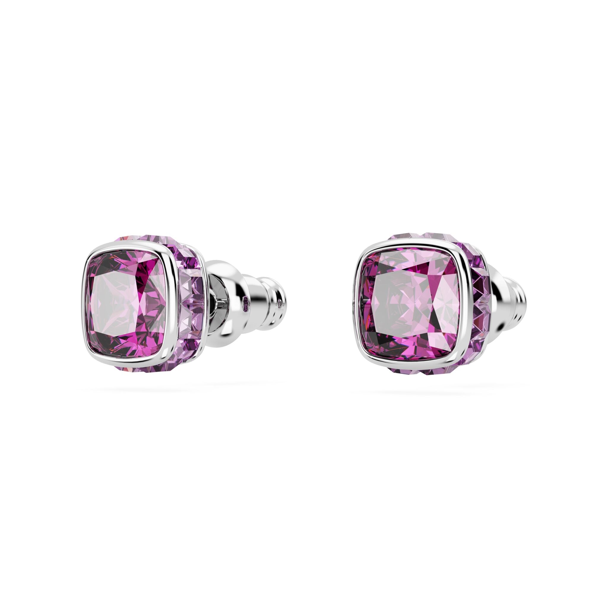 Swarovski Birthstone Stud Earrings, Square Cut, February, Purple ,Rhodium Plated -Swarovski