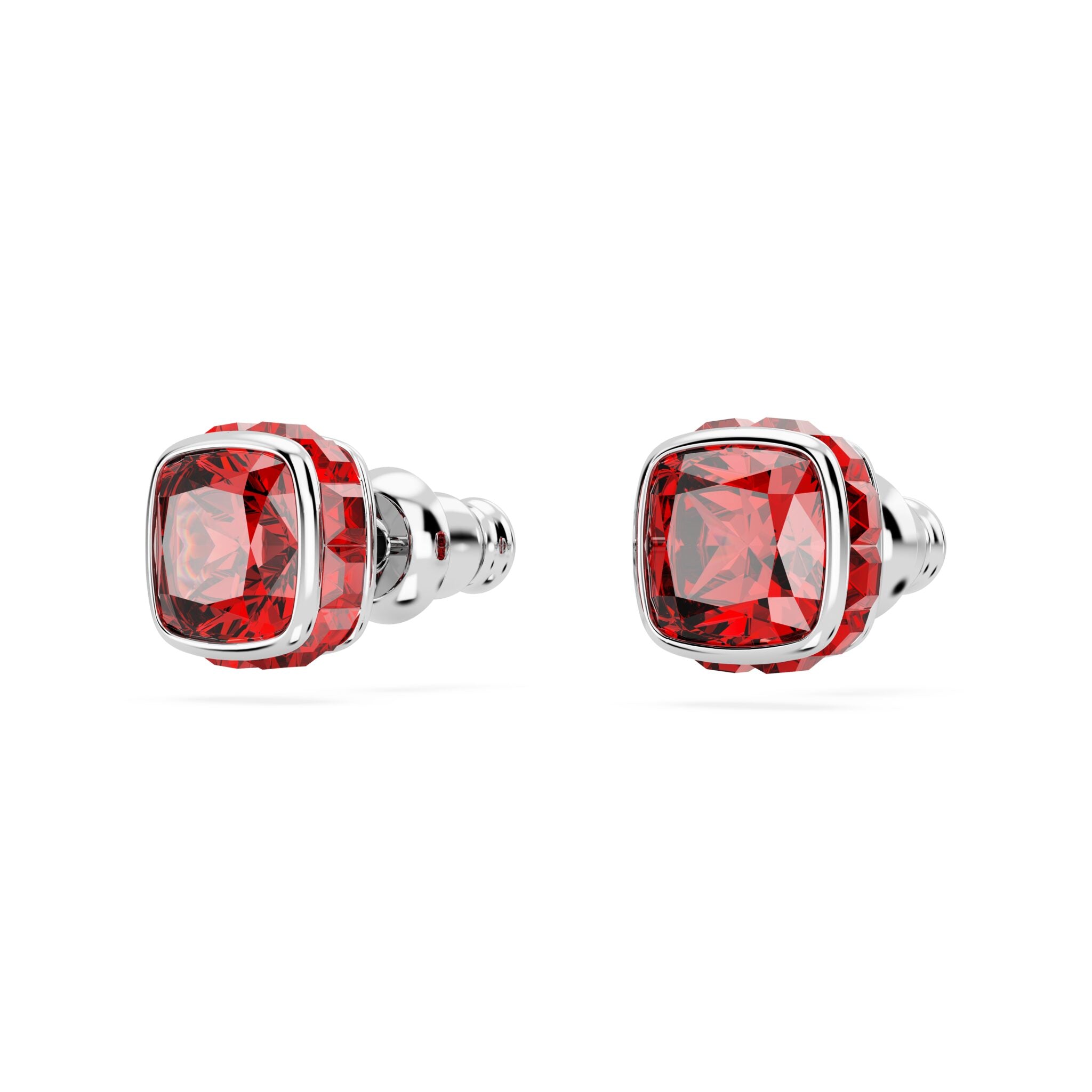Swarovski Birthstone Stud Earrings, Square Cut, July, Red, Rhodium Plated -Swarovski