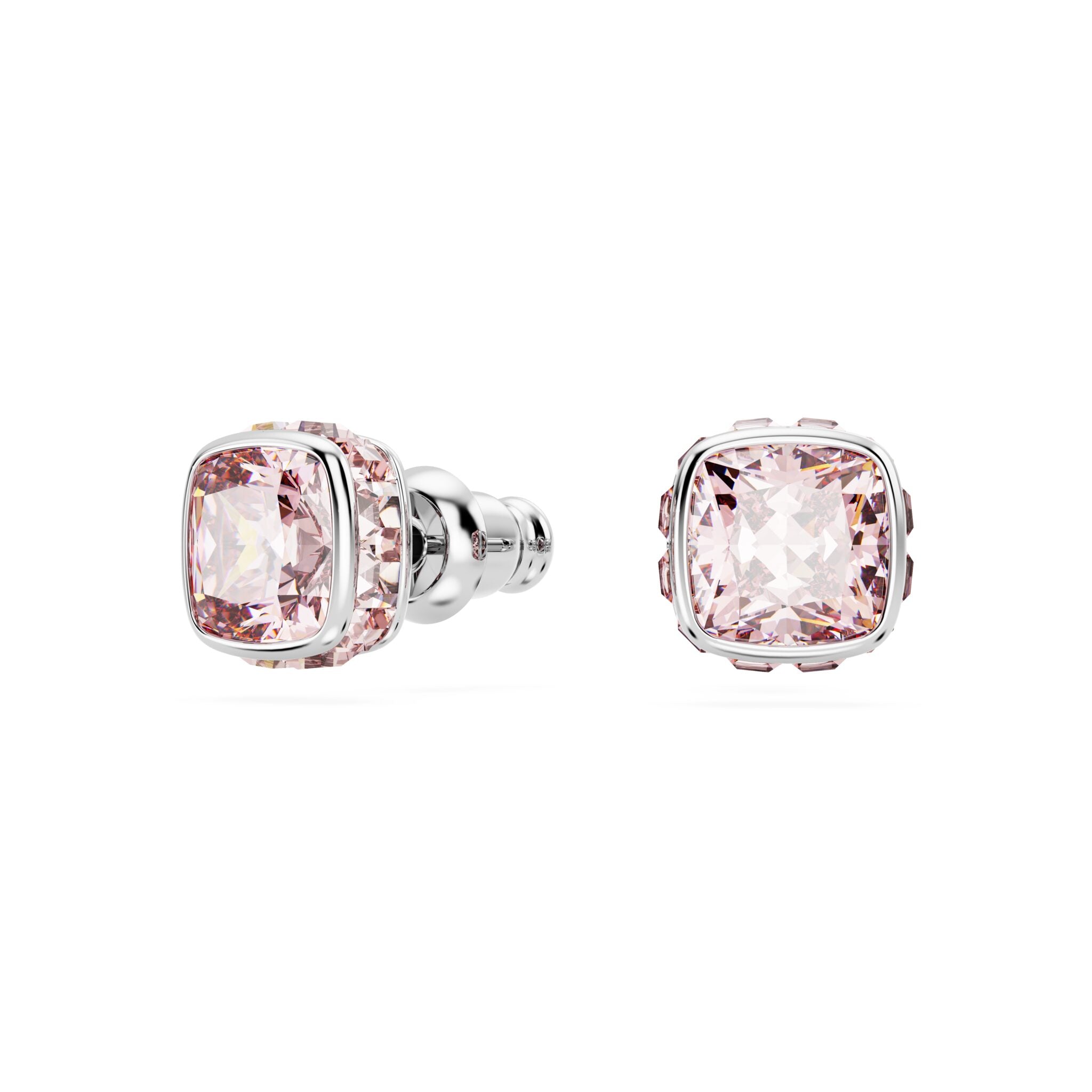 Swarovski Birthstone Stud Earrings, Square Cut, June, Pink ,Rhodium Plated -Swarovski