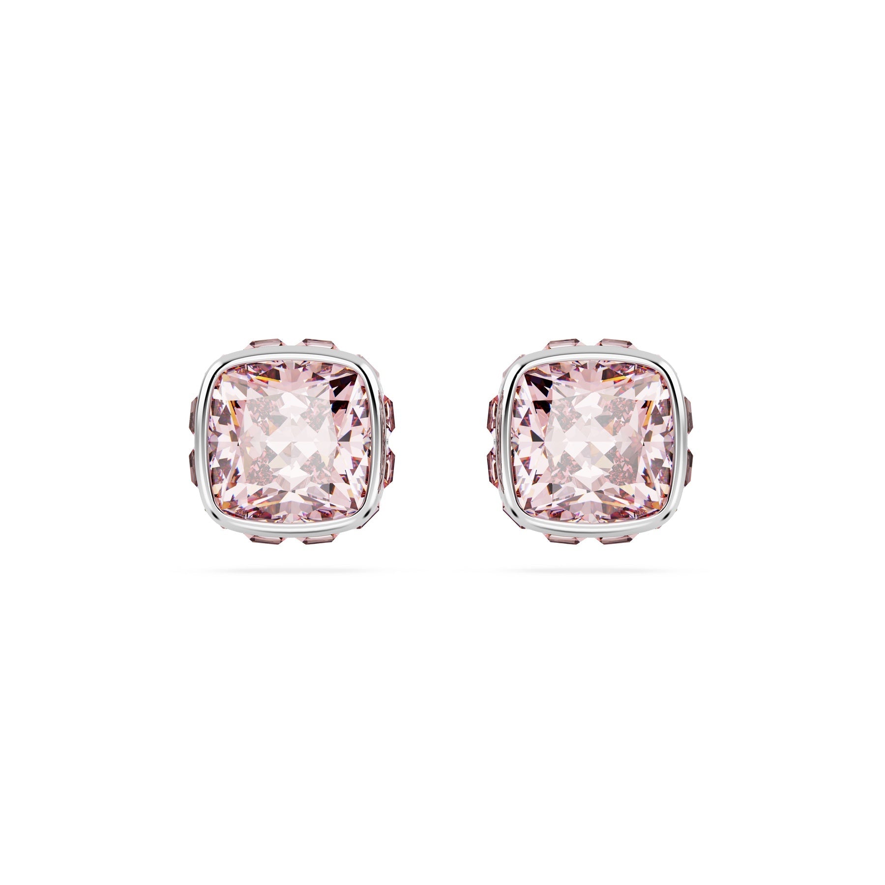 Swarovski Birthstone Stud Earrings, Square Cut, June, Pink ,Rhodium Plated -Swarovski