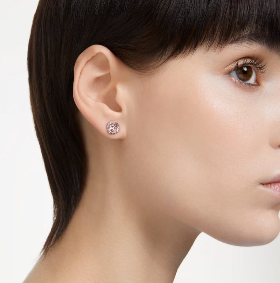 Swarovski Birthstone Stud Earrings, Square Cut, June, Pink ,Rhodium Plated -Swarovski
