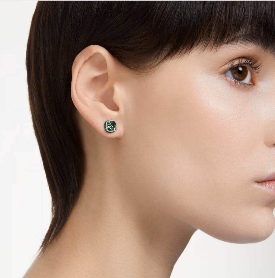 Swarovski Birthstone Stud Earrings, Square Cut ,May, Green, Rhodium Plated -Swarovski