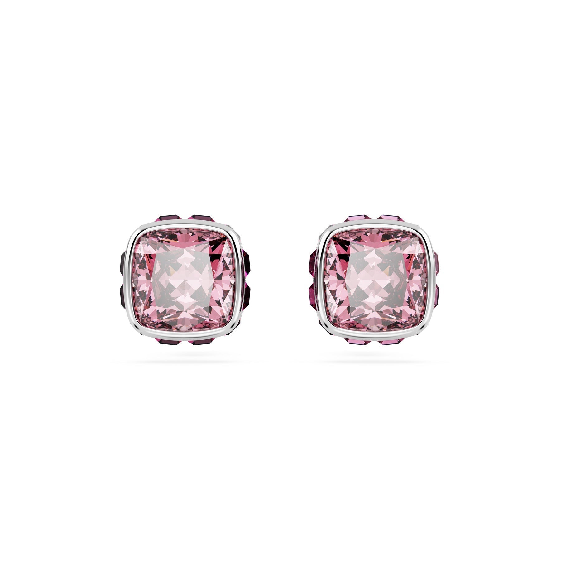 Swarovski Birthstone Stud Earrings, Square Cut, October, Pink, Rhodium Plated -Swarovski