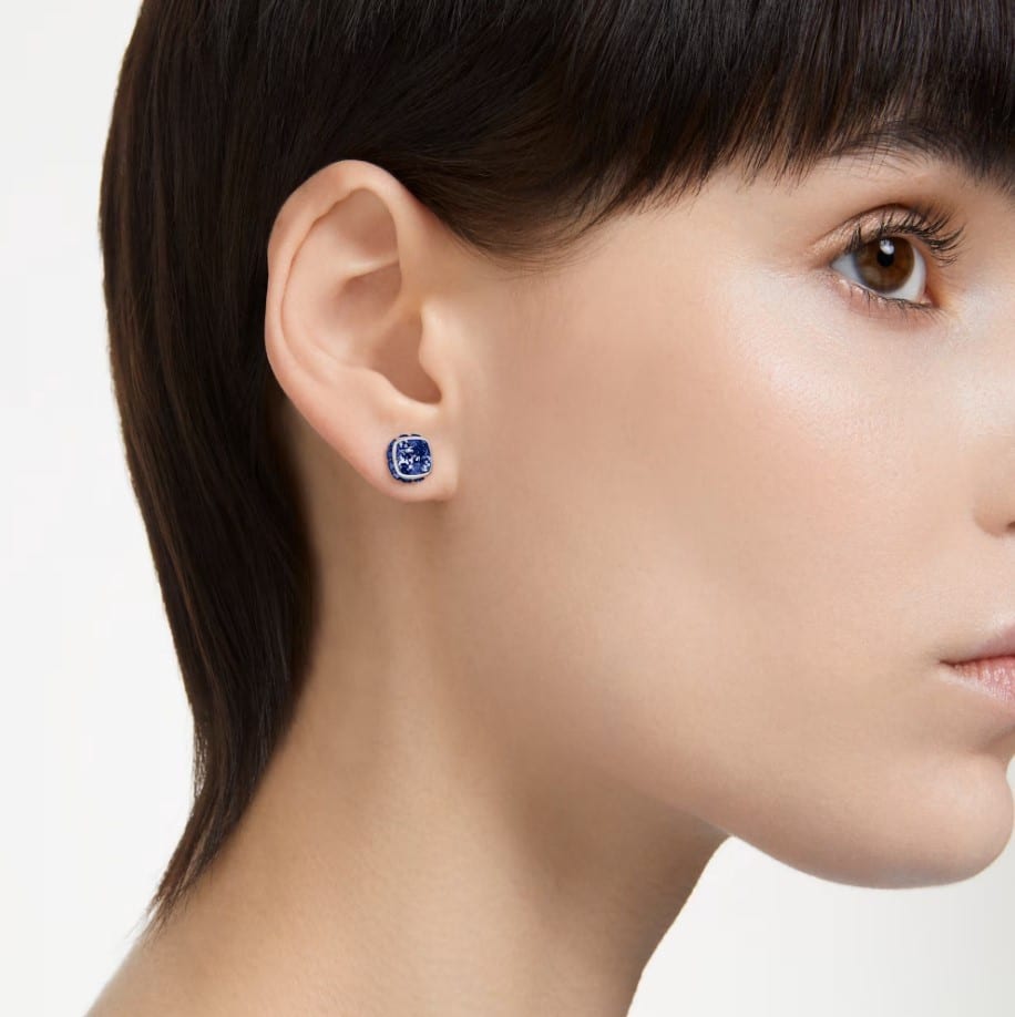 Swarovski Birthstone Stud Earrings, Square Cut, September, Blue, Rhodium Plated -Swarovski