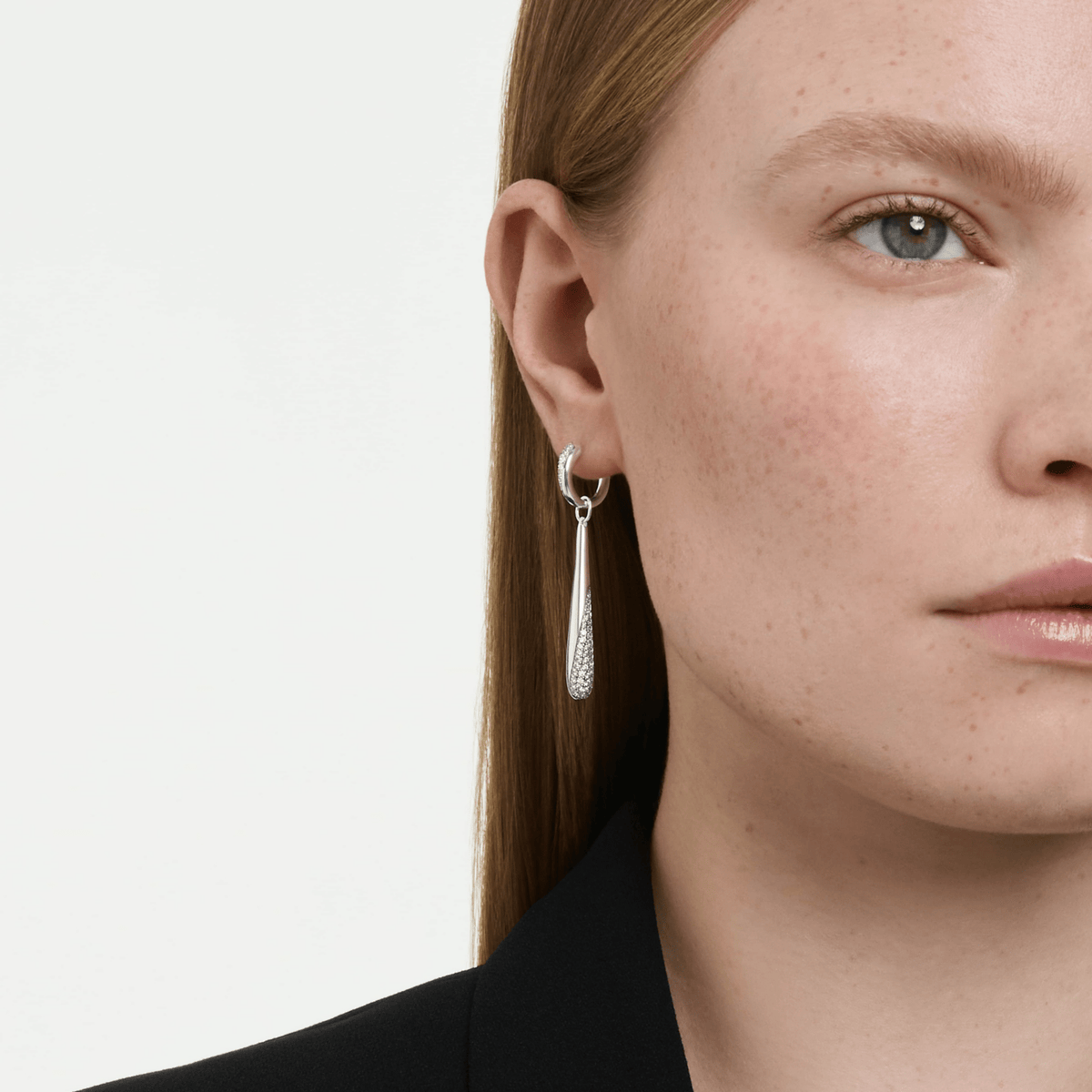 Swarovski Classica drop and hoop earrings, Round cut, White, Sterling silver -Swarovski