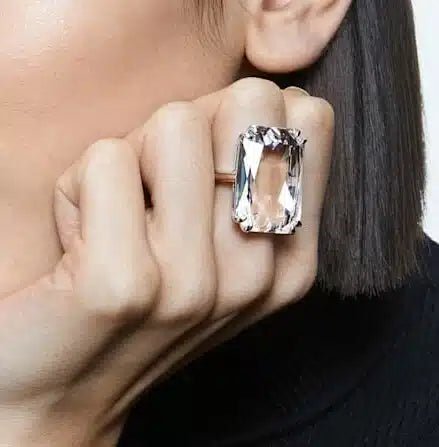 Swarovski Cocktail Ring Oversized Crystal, White , Rhodium Plated -Swarovski