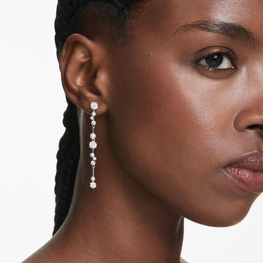 Swarovski Constella Drop Earrings, Crystal Pearl, Round Cuts, White, Rhodium Plated -Swarovski