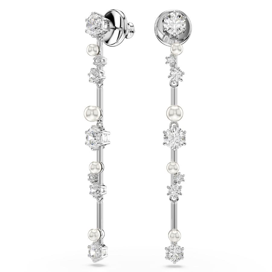 Swarovski Constella Drop Earrings, Crystal Pearl, Round Cuts, White, Rhodium Plated -Swarovski