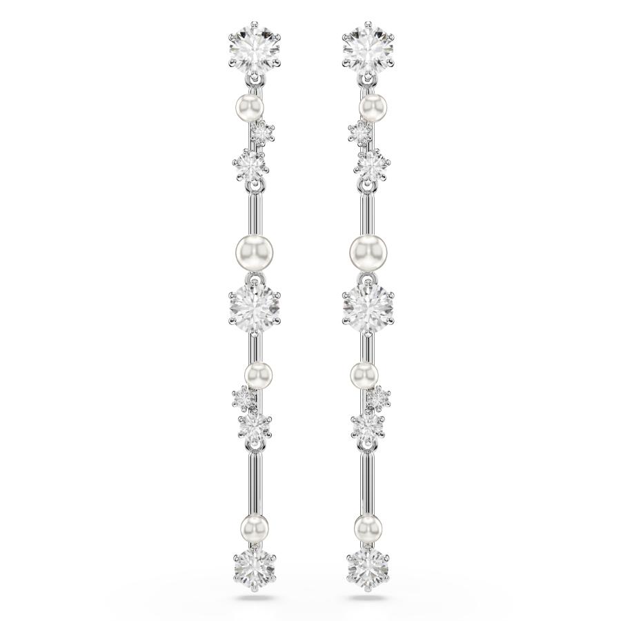Swarovski Constella Drop Earrings, Crystal Pearl, Round Cuts, White, Rhodium Plated -Swarovski